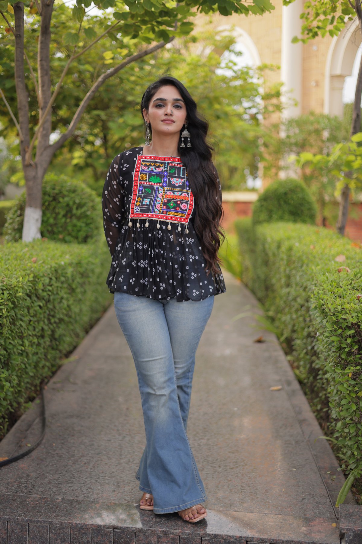 Designer Printed Peplum Top with Embroidered Yoke & Flared Hem