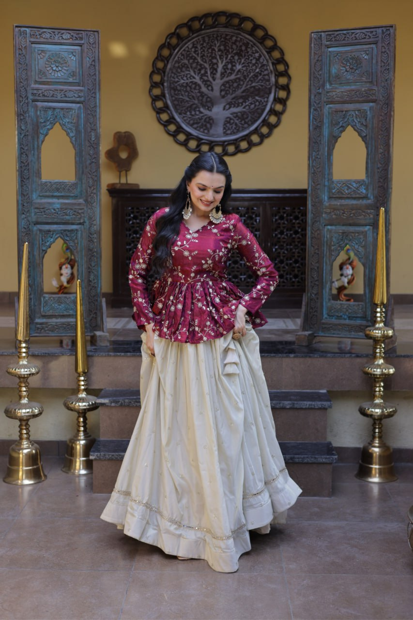 Women's Embroidered Peplum Top with Flared Skirt Set