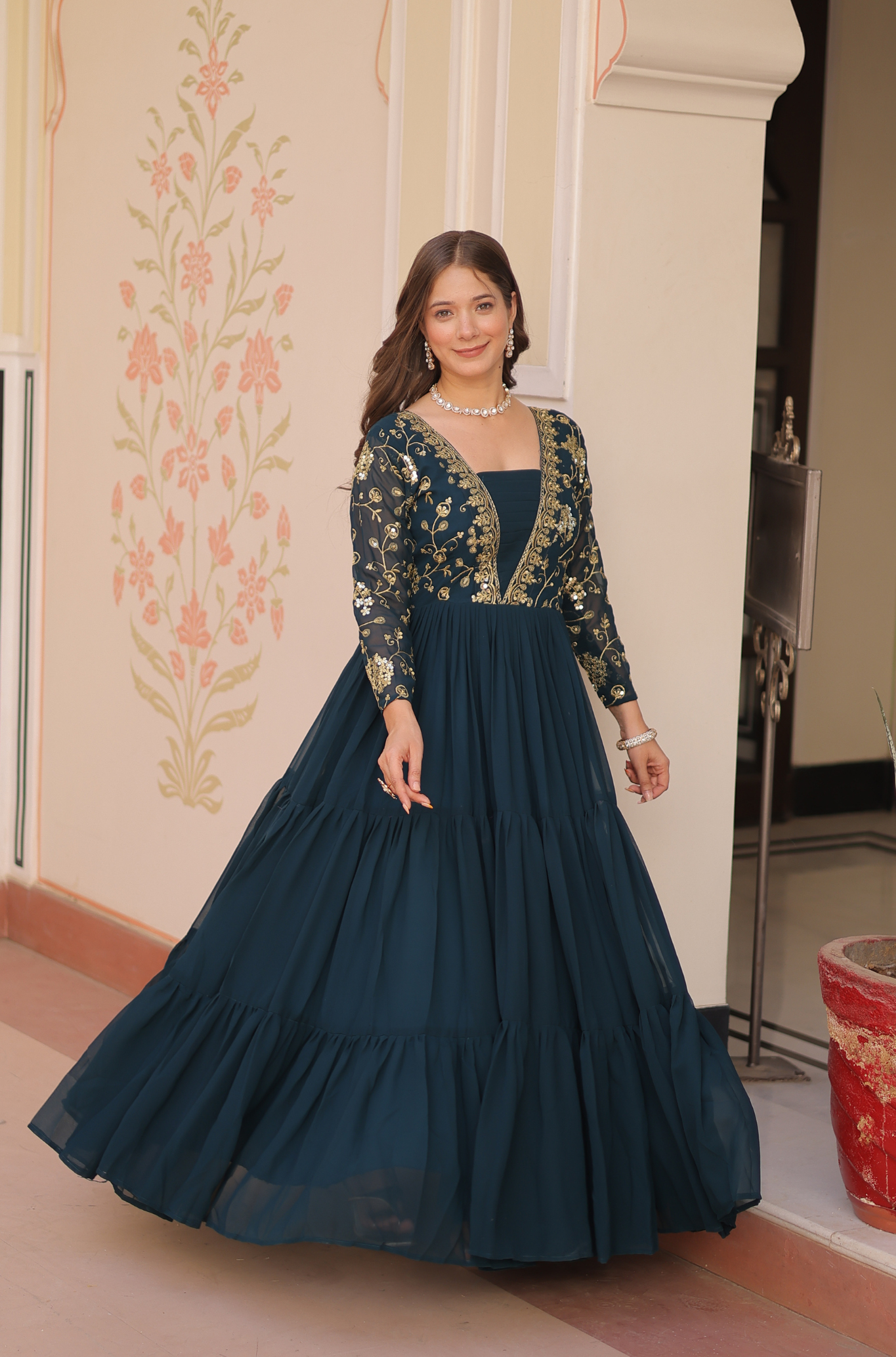 Women's Designer Embroidered Tiered Anarkali Gown