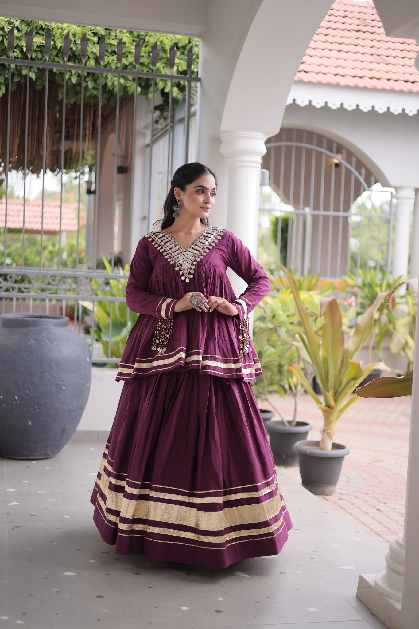 Women's Designer Ethnic Co-Ord Set with Mirror Work Peplum Top & Long Flared Skirt