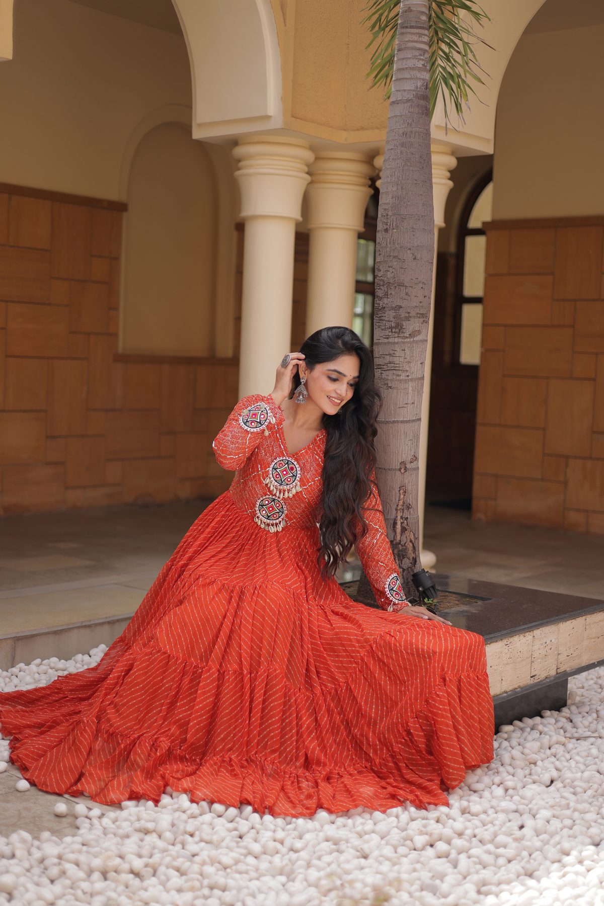 Navratri Special Bandhani Anarkali Gown with Mirror Work & Traditional Embroidered Yoke
