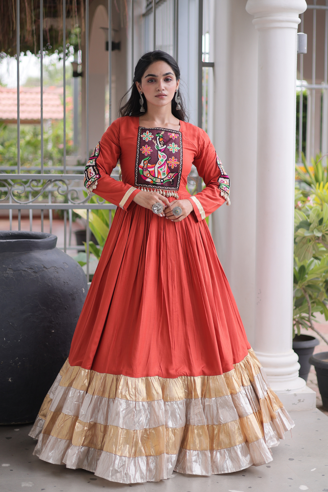 Women's Handcrafted Mirror Work Tiered Anarkali Gown