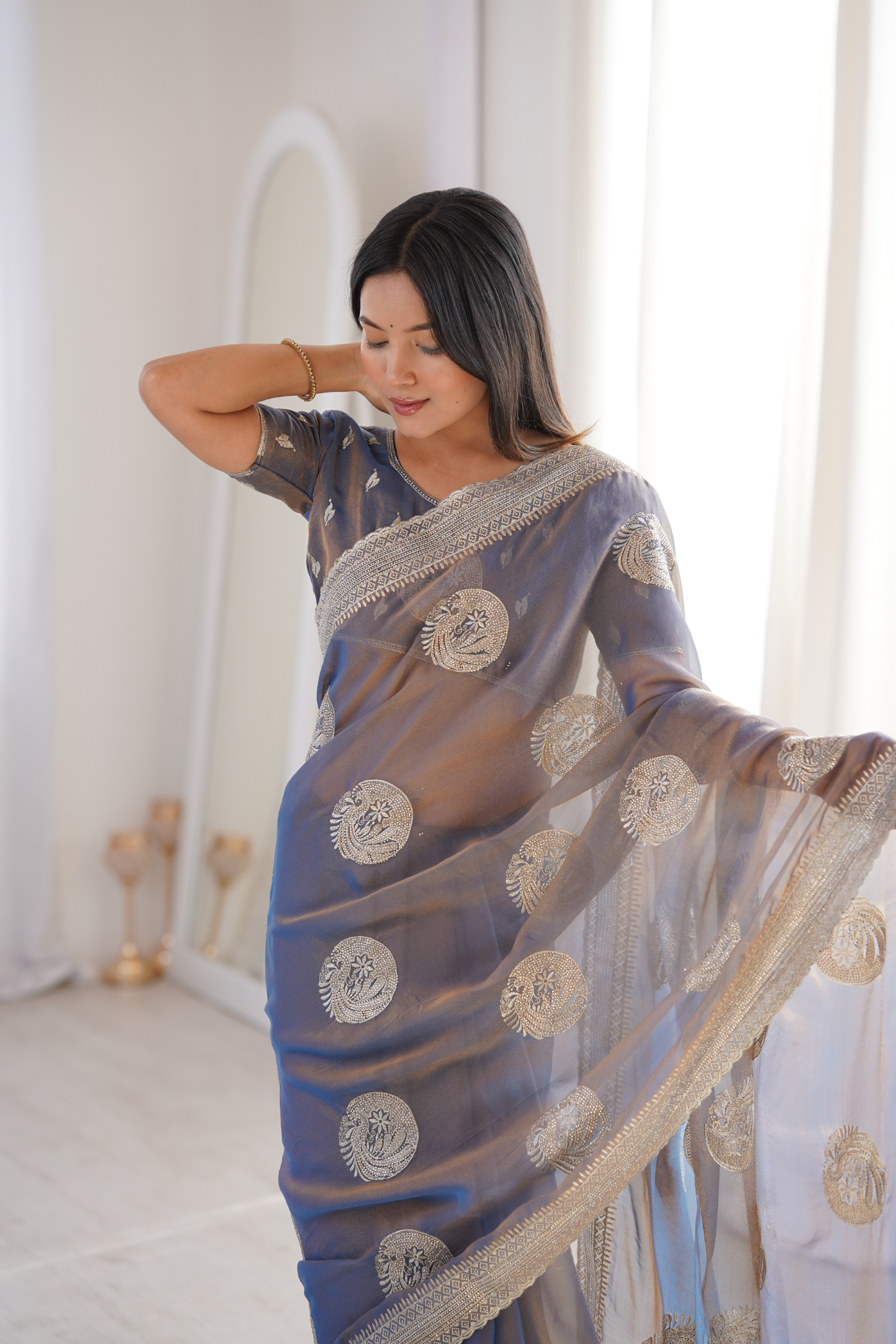 Women Organza Saree with Silver Zari Embroidery Border