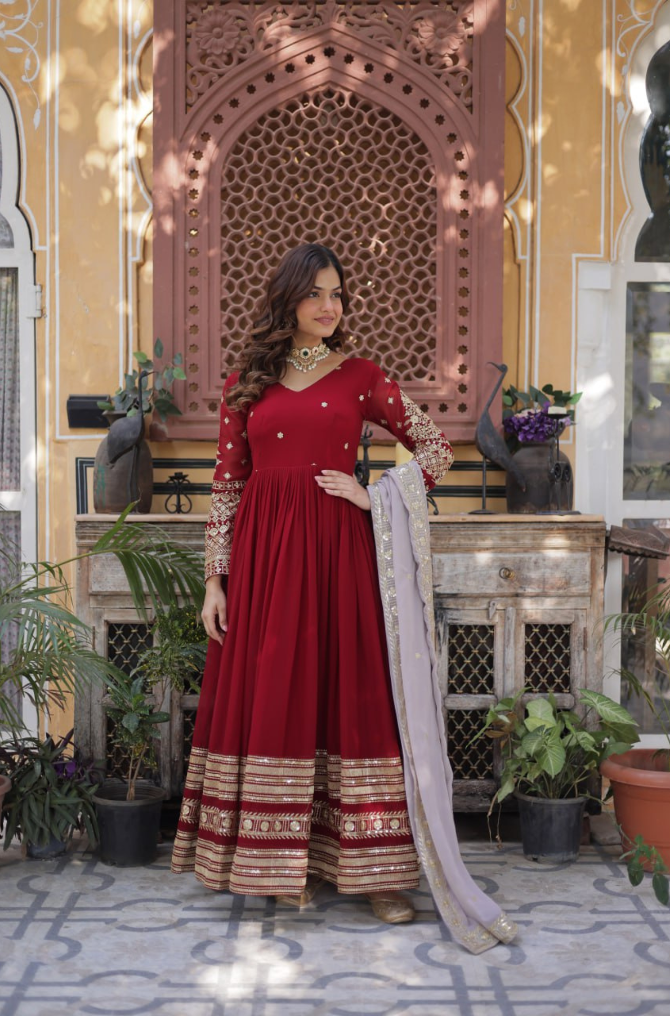 Women’s Embroidered Anarkali Gown with Dupatta