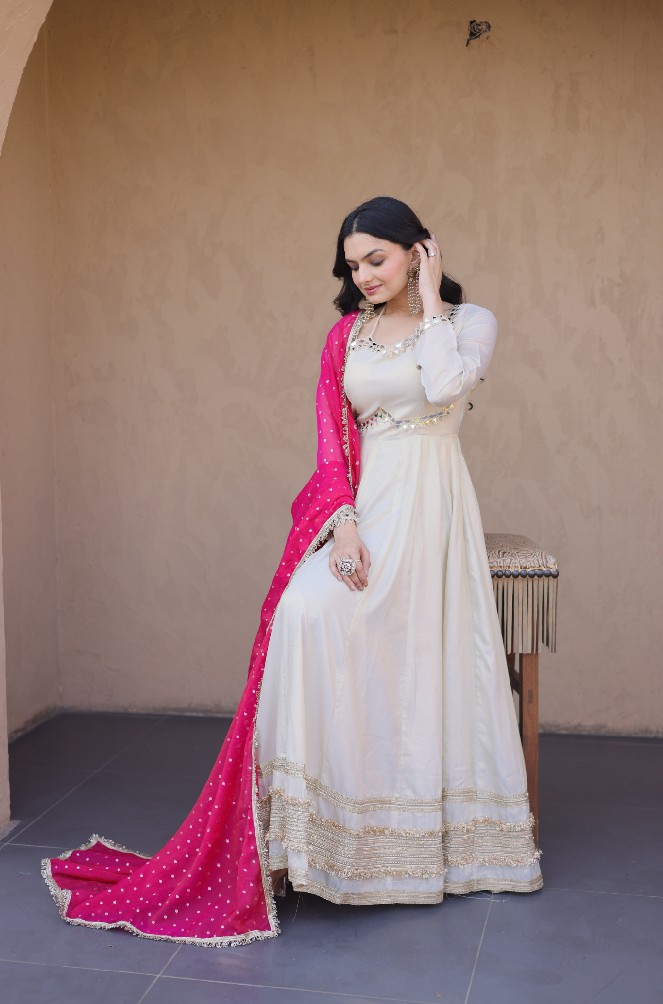 Women Mirror Work Anarkali Gown with Contrast Dupatta