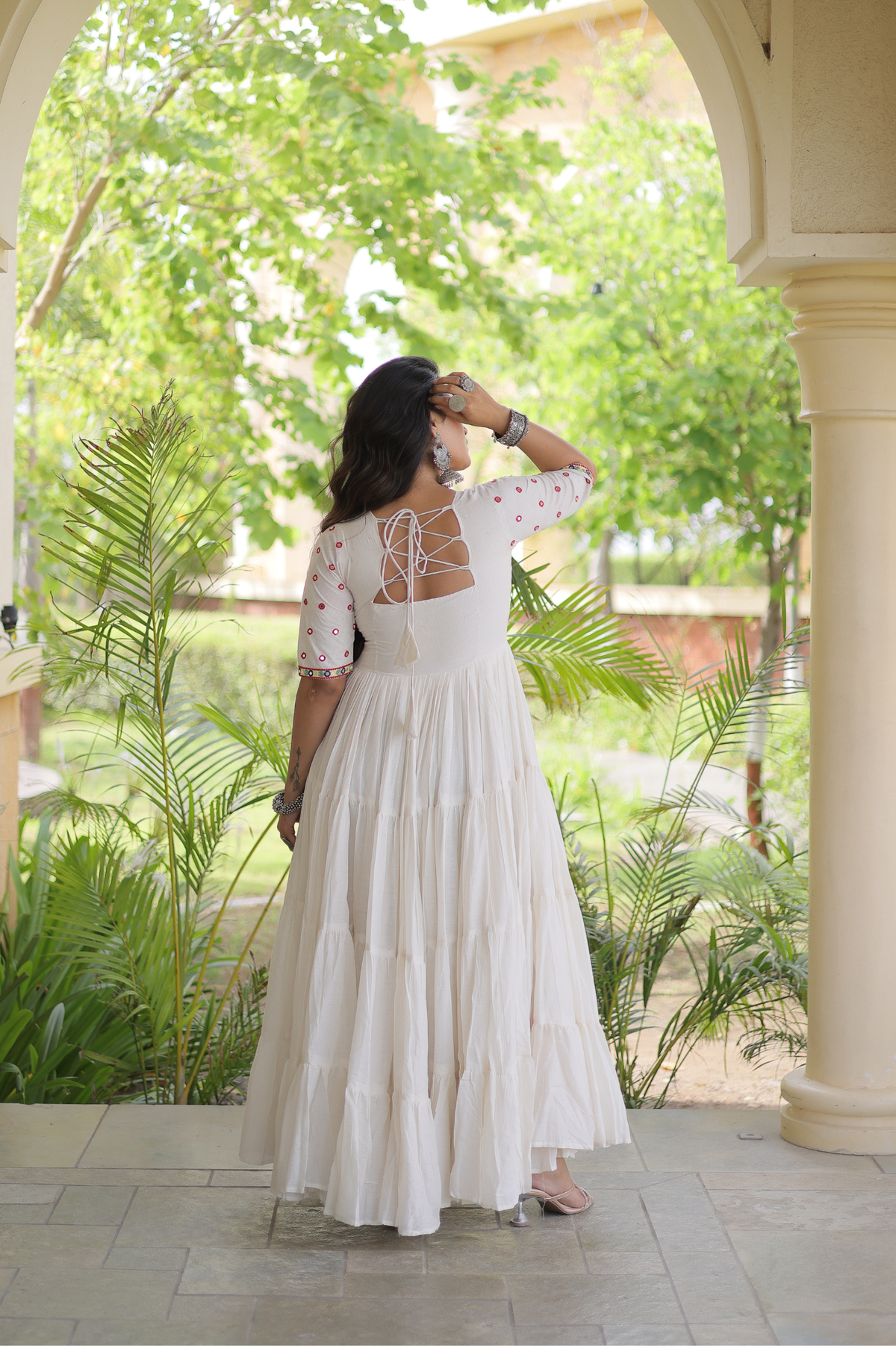 Women’s Designer Anarkali Gown with Embroidered Bodice & Flared Tiered Design | Festive Ethnic Wear