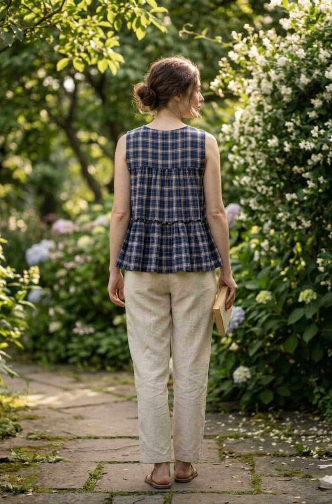 Women Sleeveless Checked Cotton Peplum Top with Straight Pant Co-Ord Set
