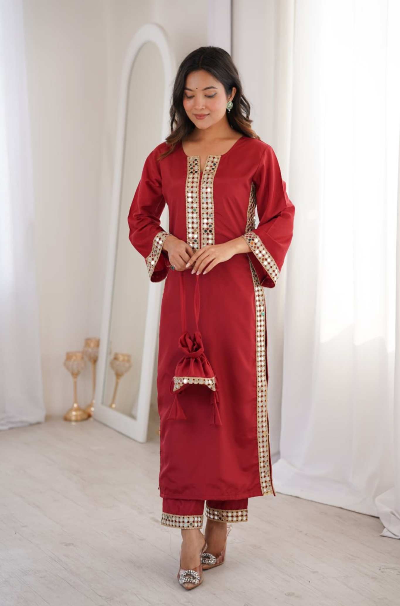 Women's Mirror Work Kurti Pant Set with Batwa Bag