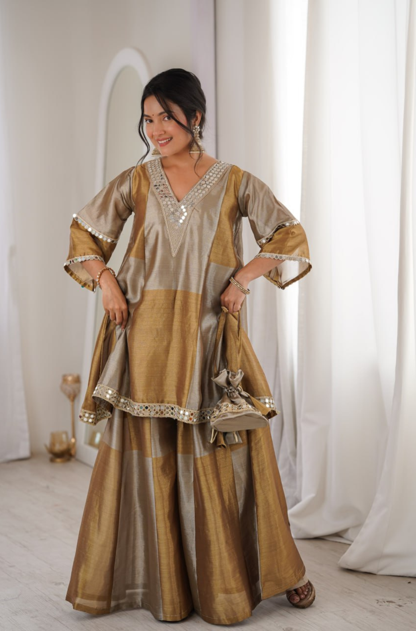 Women Mirror Work Silk Blend Kurta with Palazzo Set