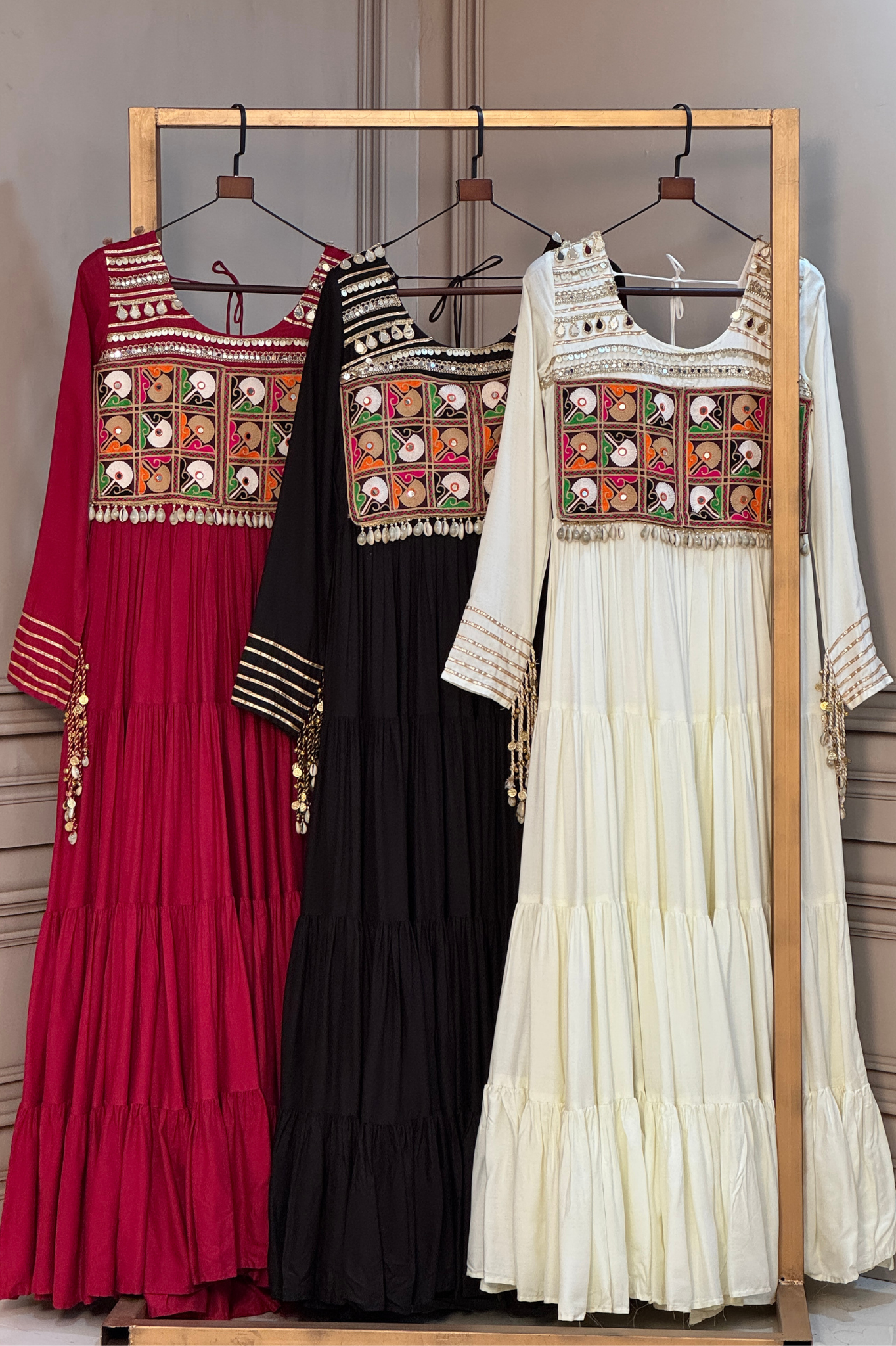 Women's Handcrafted Mirror Work Tiered Anarkali Gown