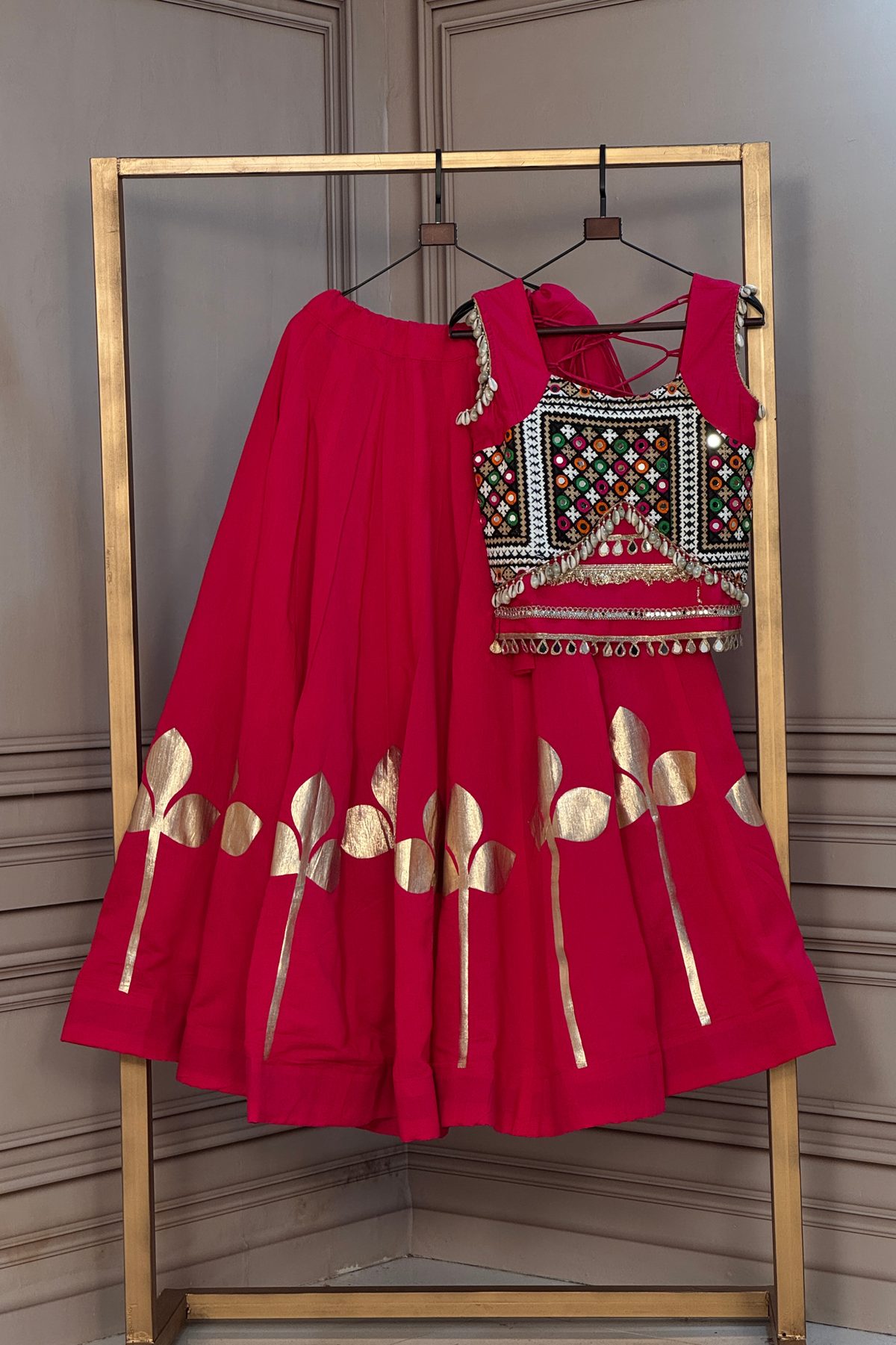 Designer Foil Printed Lehenga Choli with Mirror Work & Flared Skirt