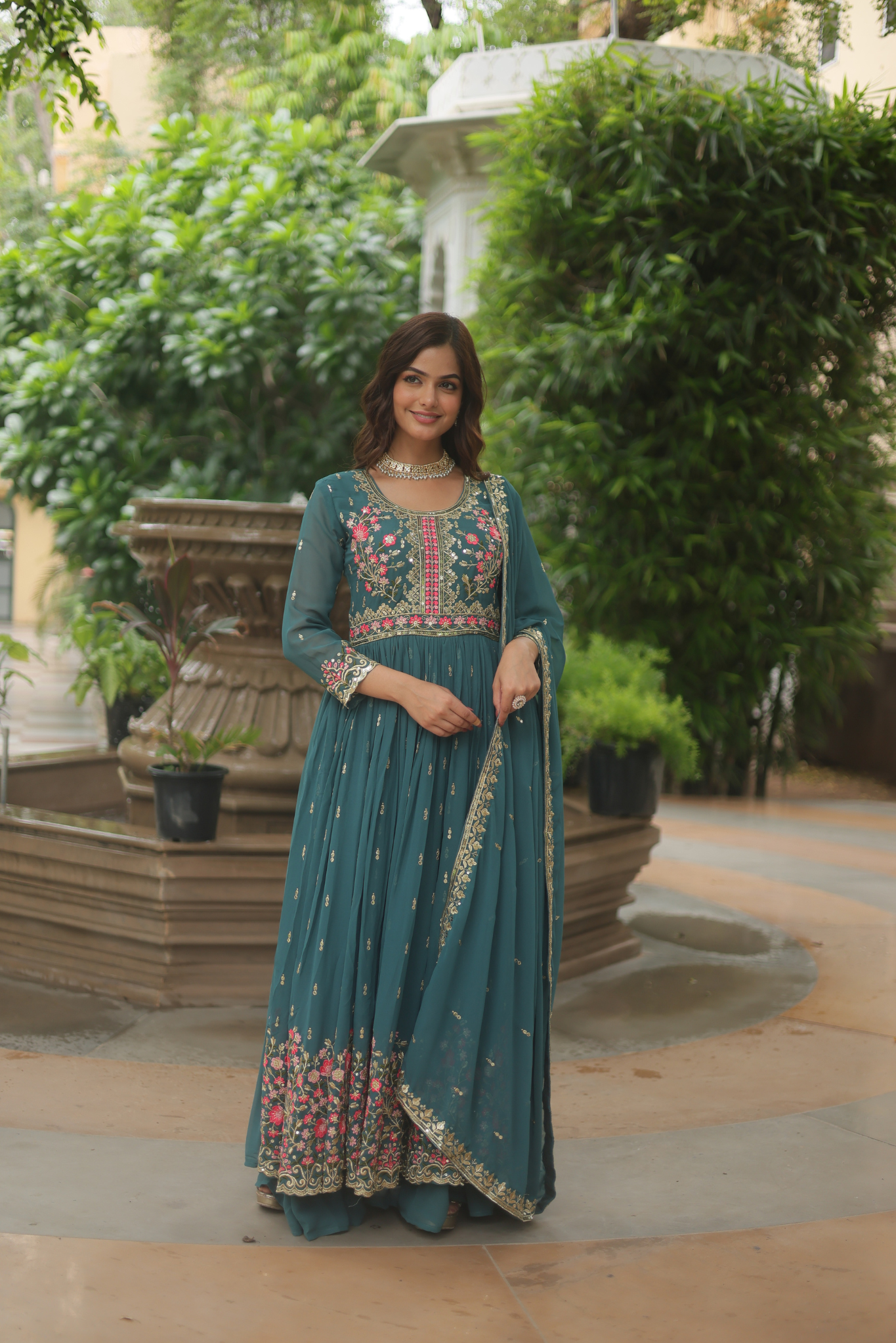 Women's Designer Floral Embroidered Anarkali Gown with Dupatta