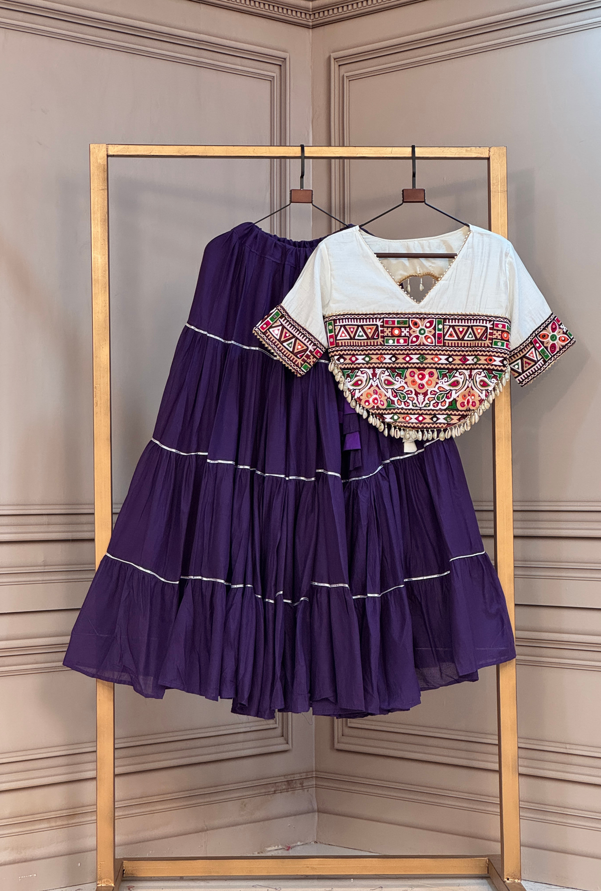 Premium Kutchi Embroidered Blouse with Gota Patti Lehenga Set