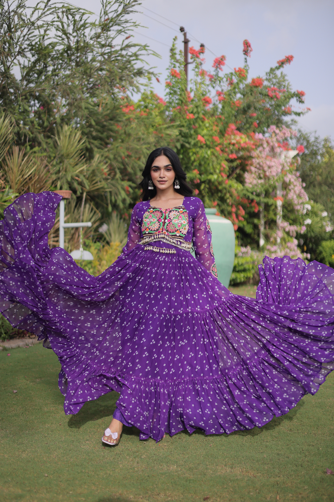 Women's Handcrafted Mirror Work Tiered Anarkali Gown