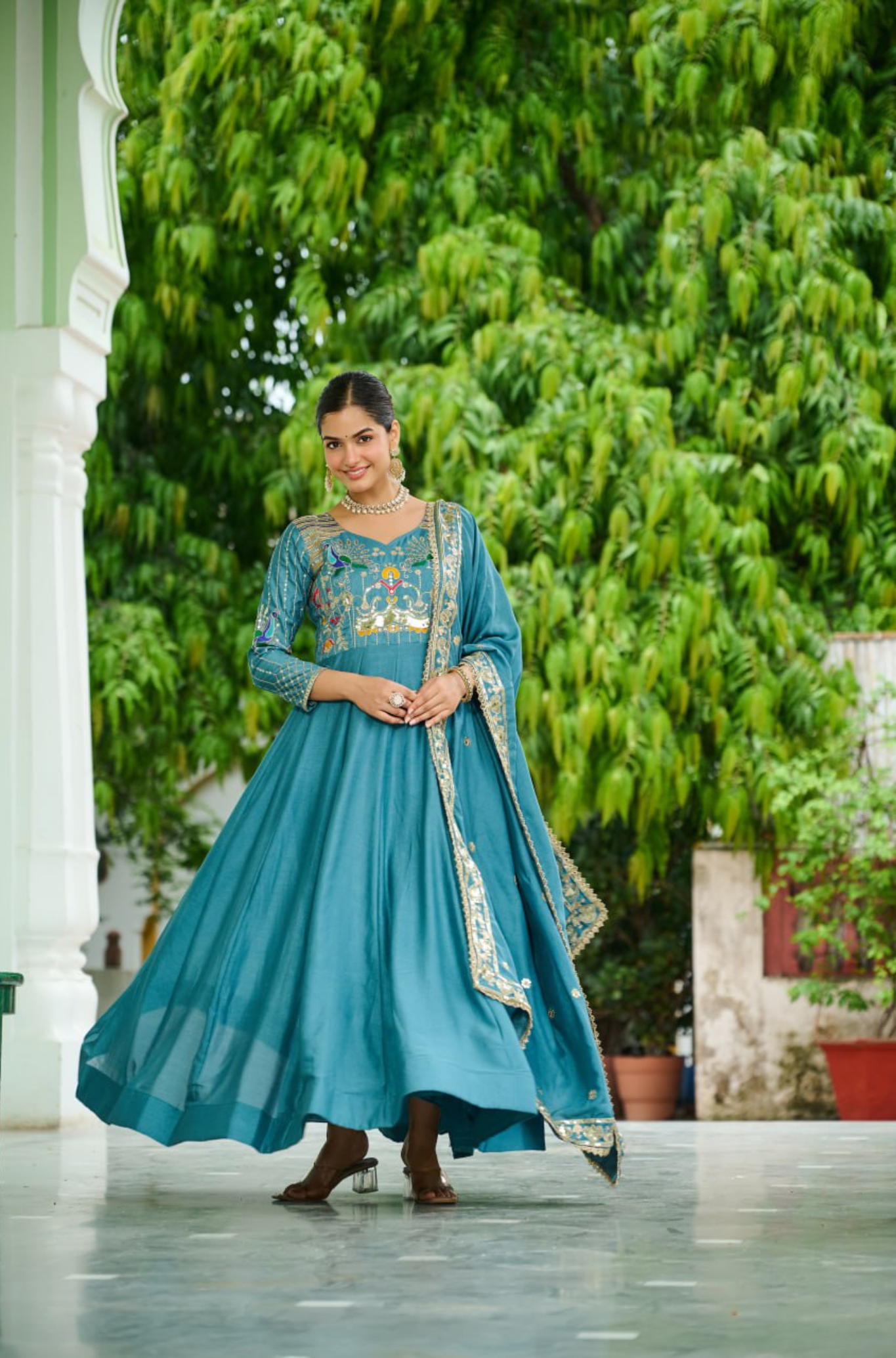 Women's Embroidered Anarkali Gown with Dupatta