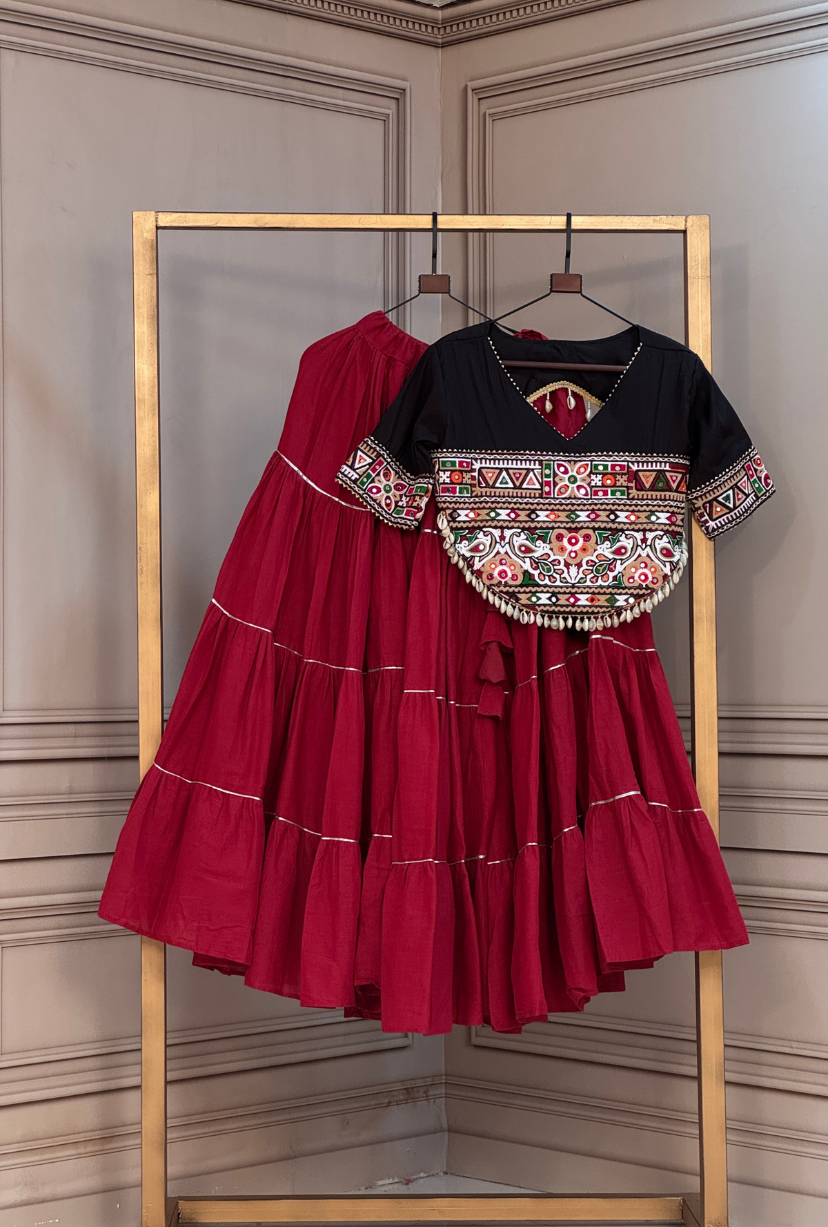 Premium Kutchi Embroidered Blouse with Gota Patti Lehenga Set