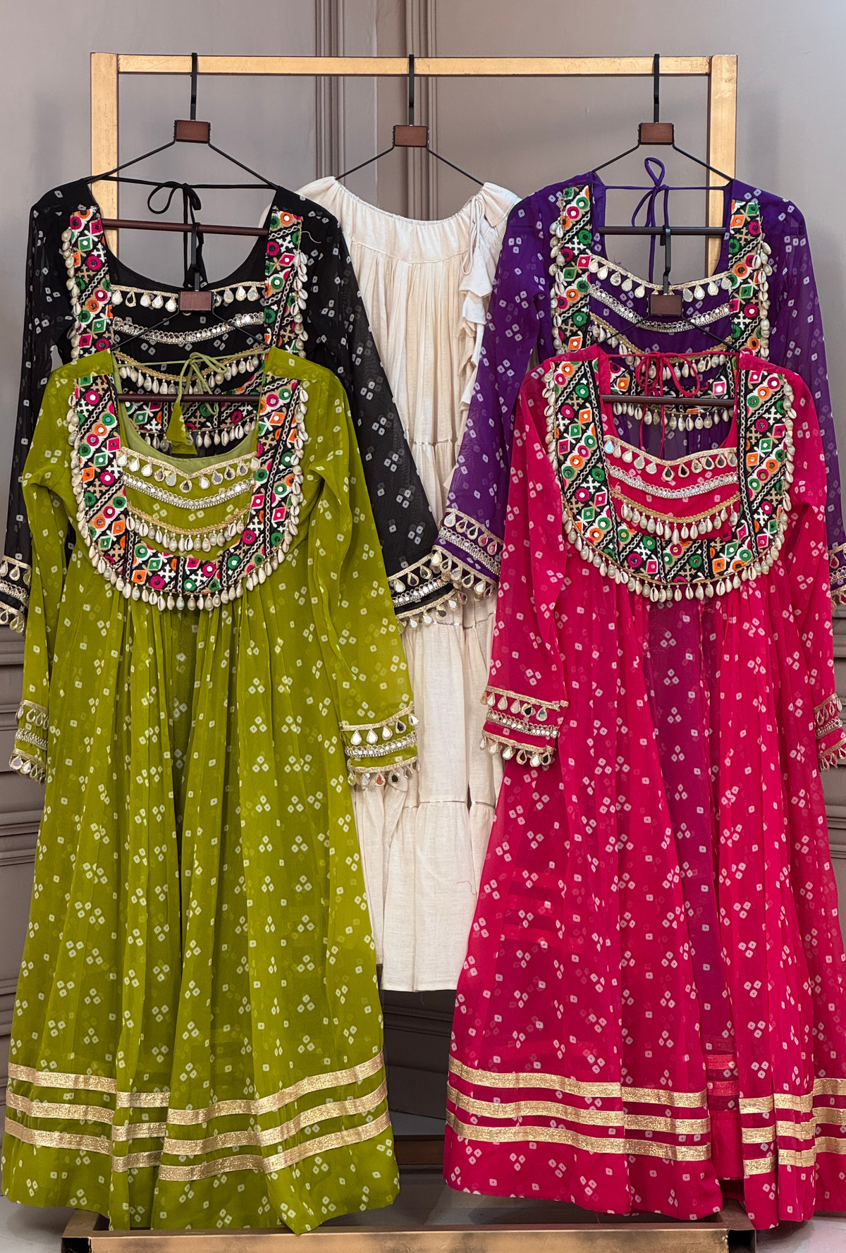 Premium Bandhani shrug with Kutchi Mirror Work & Gota Lace Detailing lehenga
