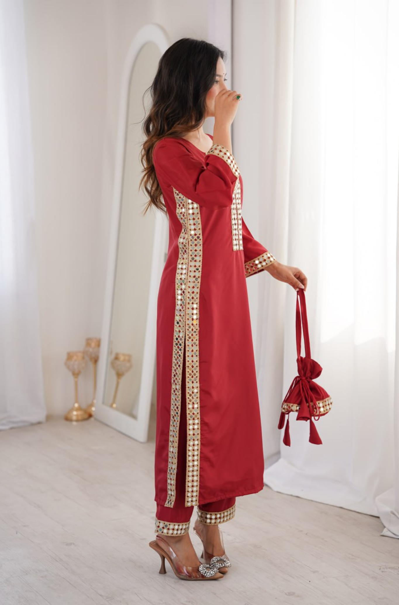 Women's Mirror Work Kurti Pant Set with Batwa Bag