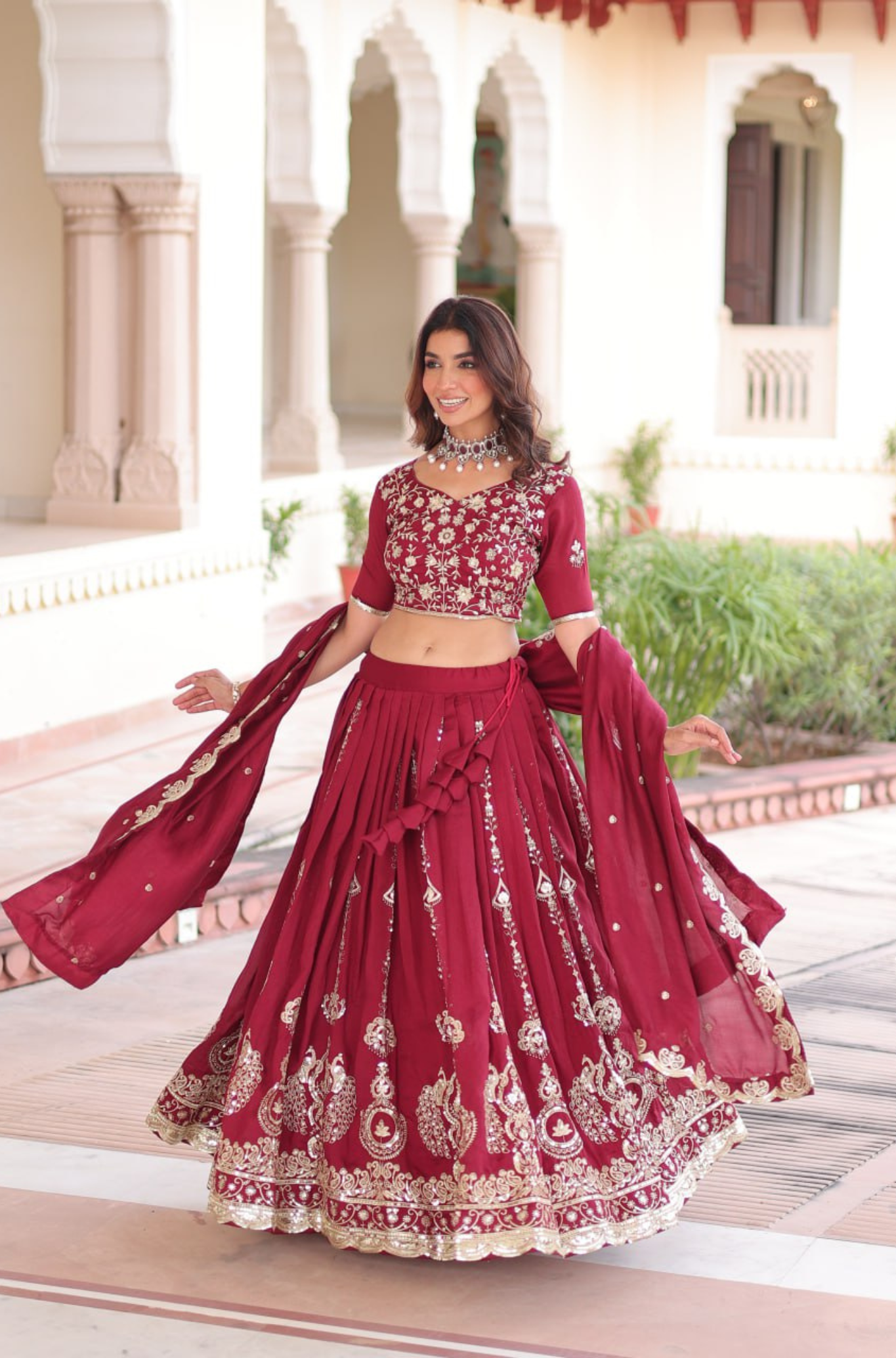 Traditional Maroon Bridal Embroidered Lehenga Choli Set for Women