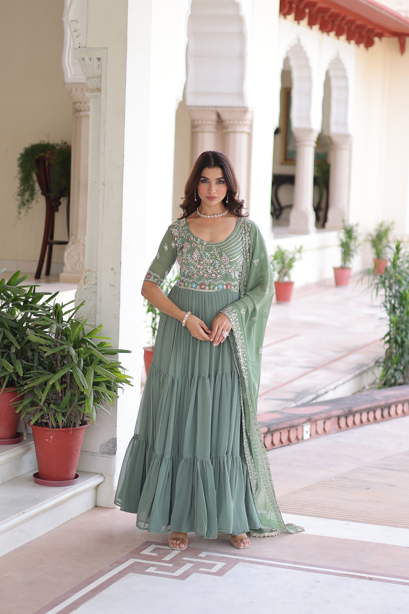 Women's Pista Green Embroidered Anarkali Gown with Dupatta