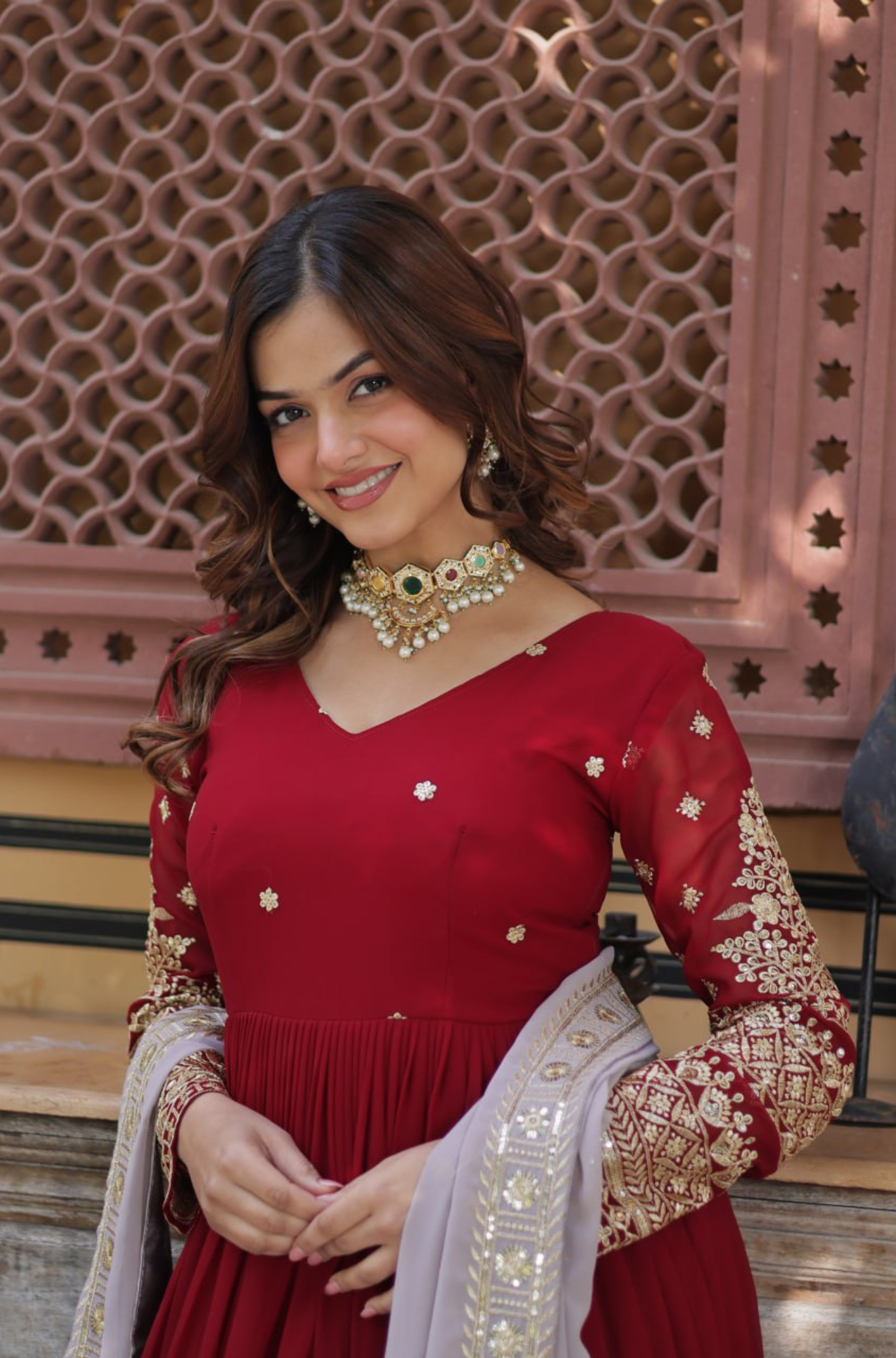 Women’s Embroidered Anarkali Gown with Dupatta