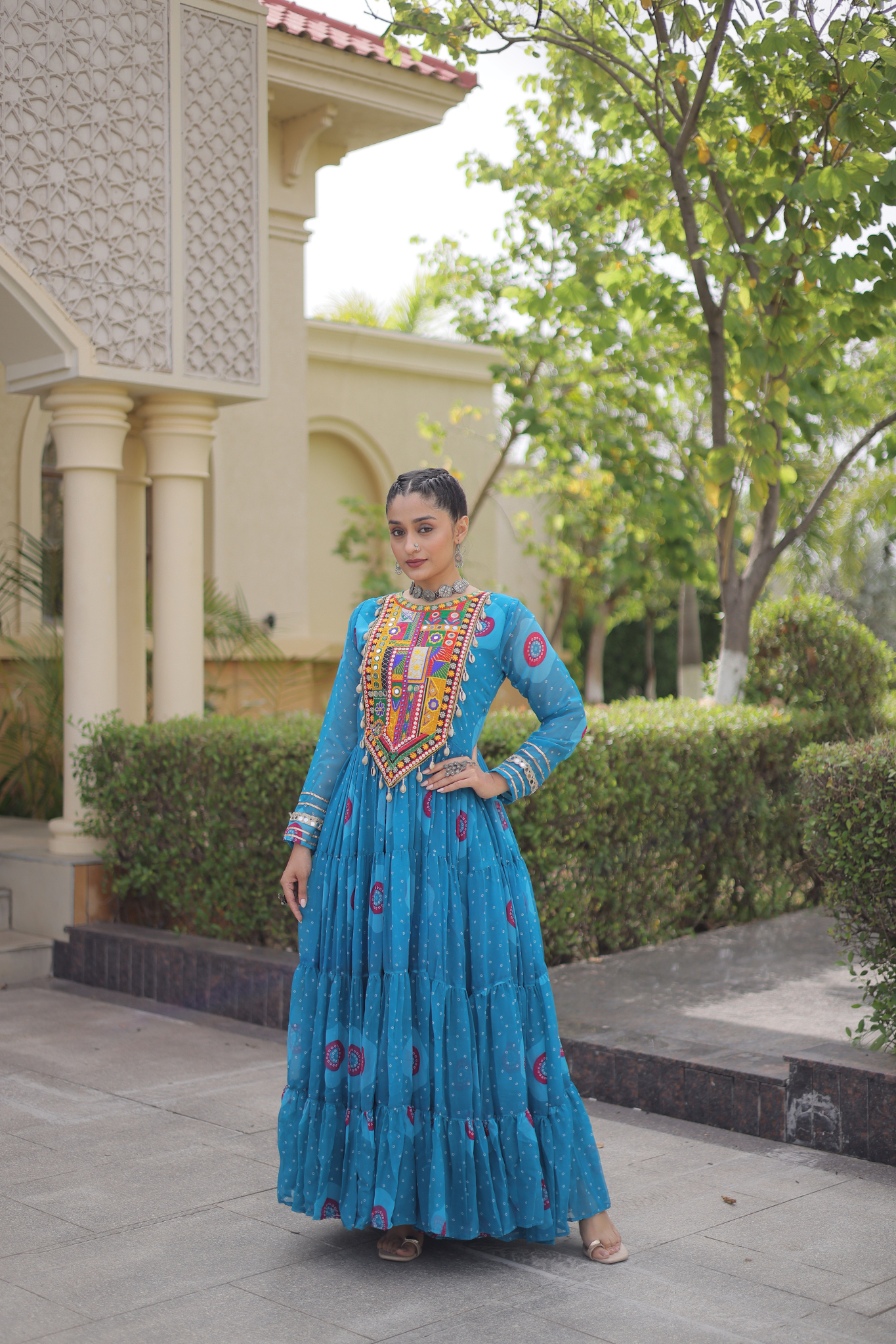 Women's Designer Kutchi Gamthi Embroidered Tiered Anarkali Gown with Mirror Work