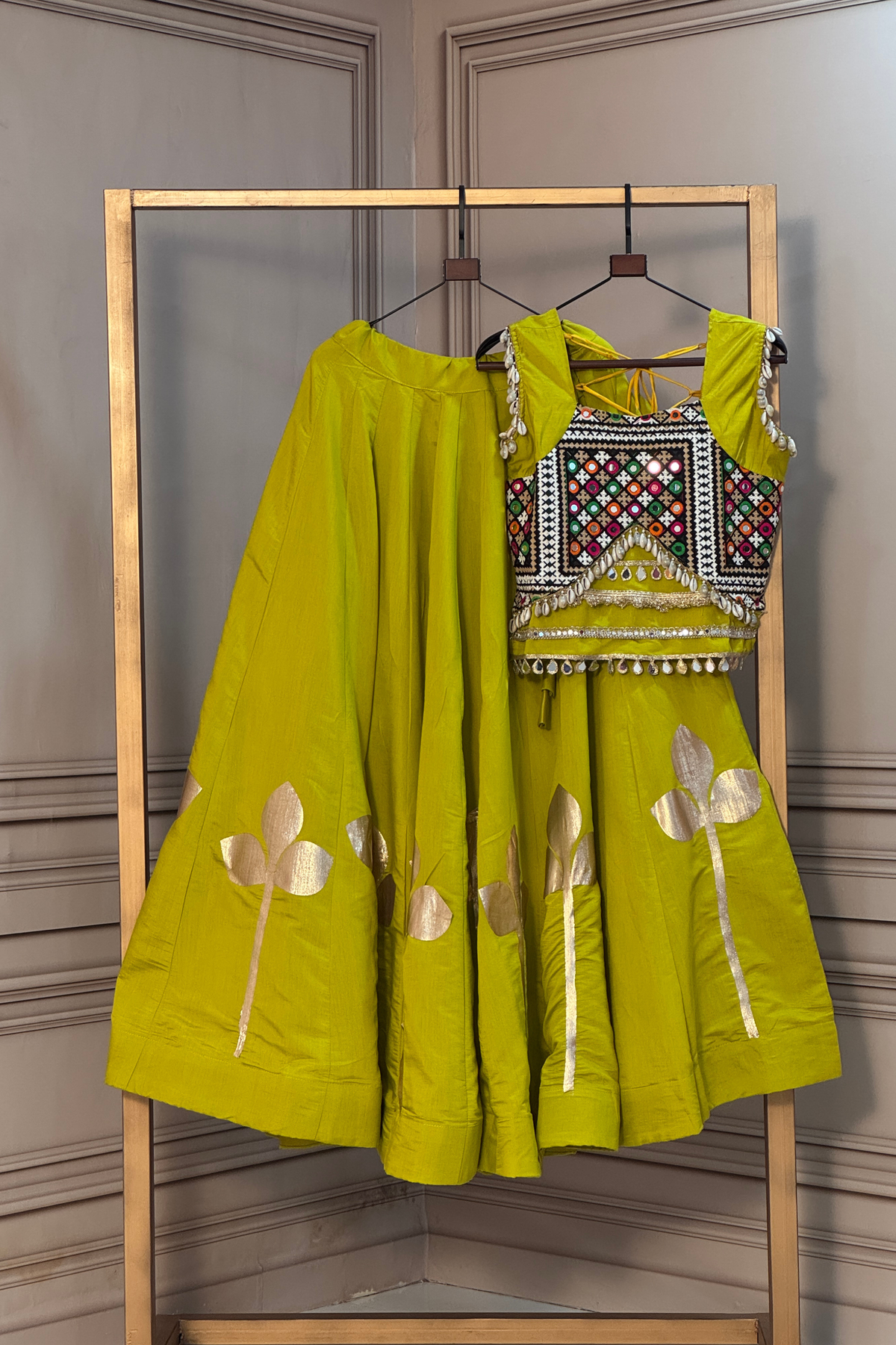 Designer Foil Printed Lehenga Choli with Mirror Work & Flared Skirt