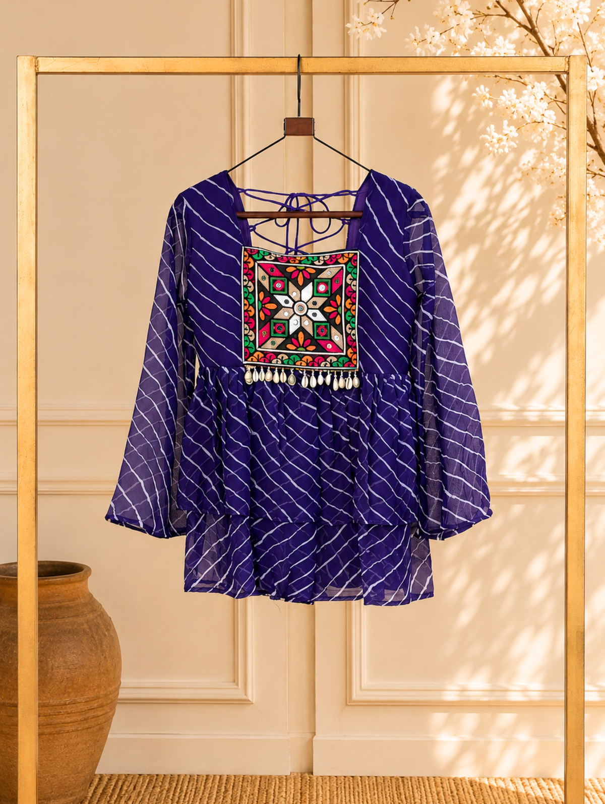 Women's Leheriya Peplum Top with Handcrafted Mirror Work