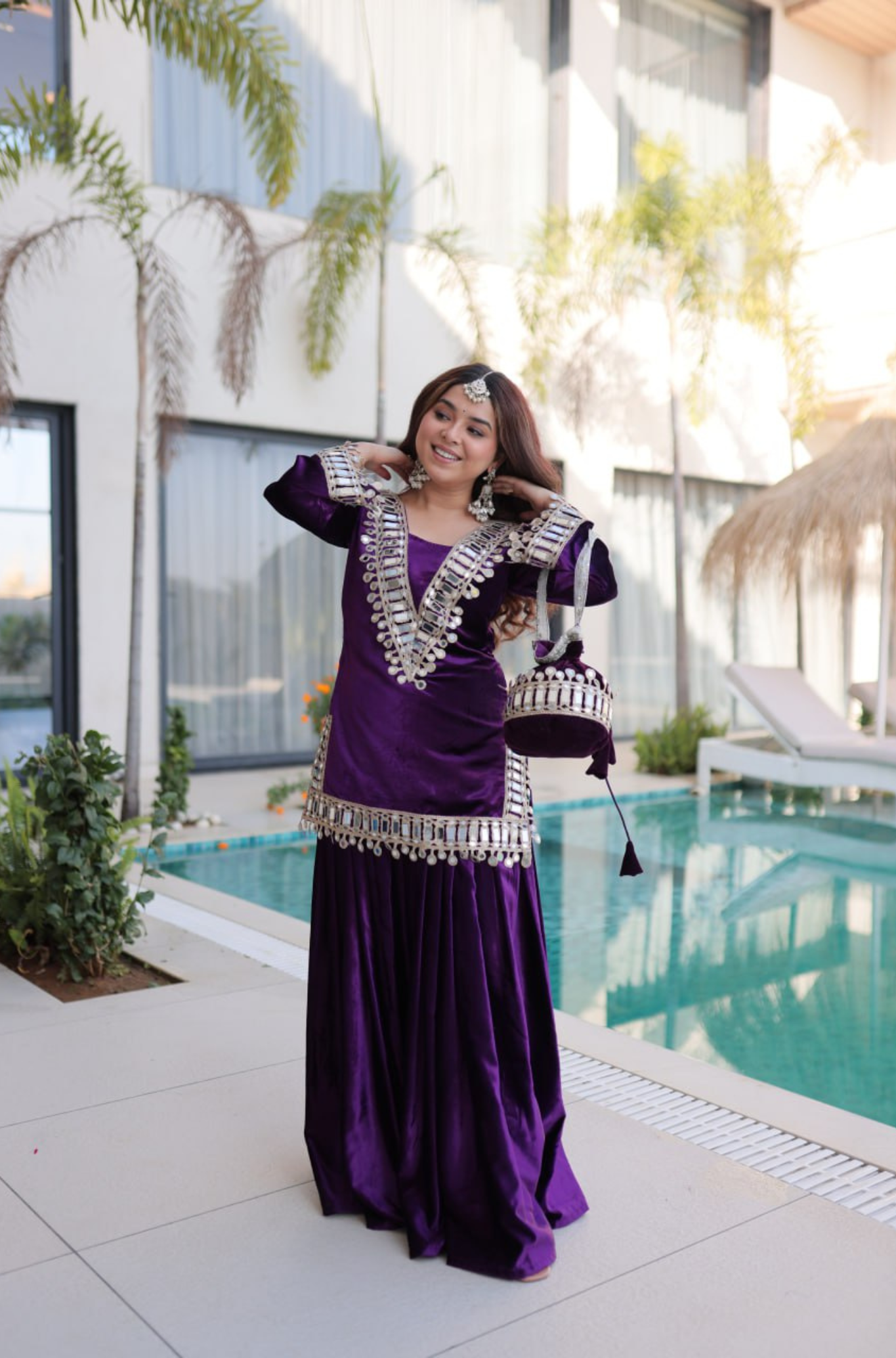 Velvet Mirror Work Kurti Palazzo Set with Batwa