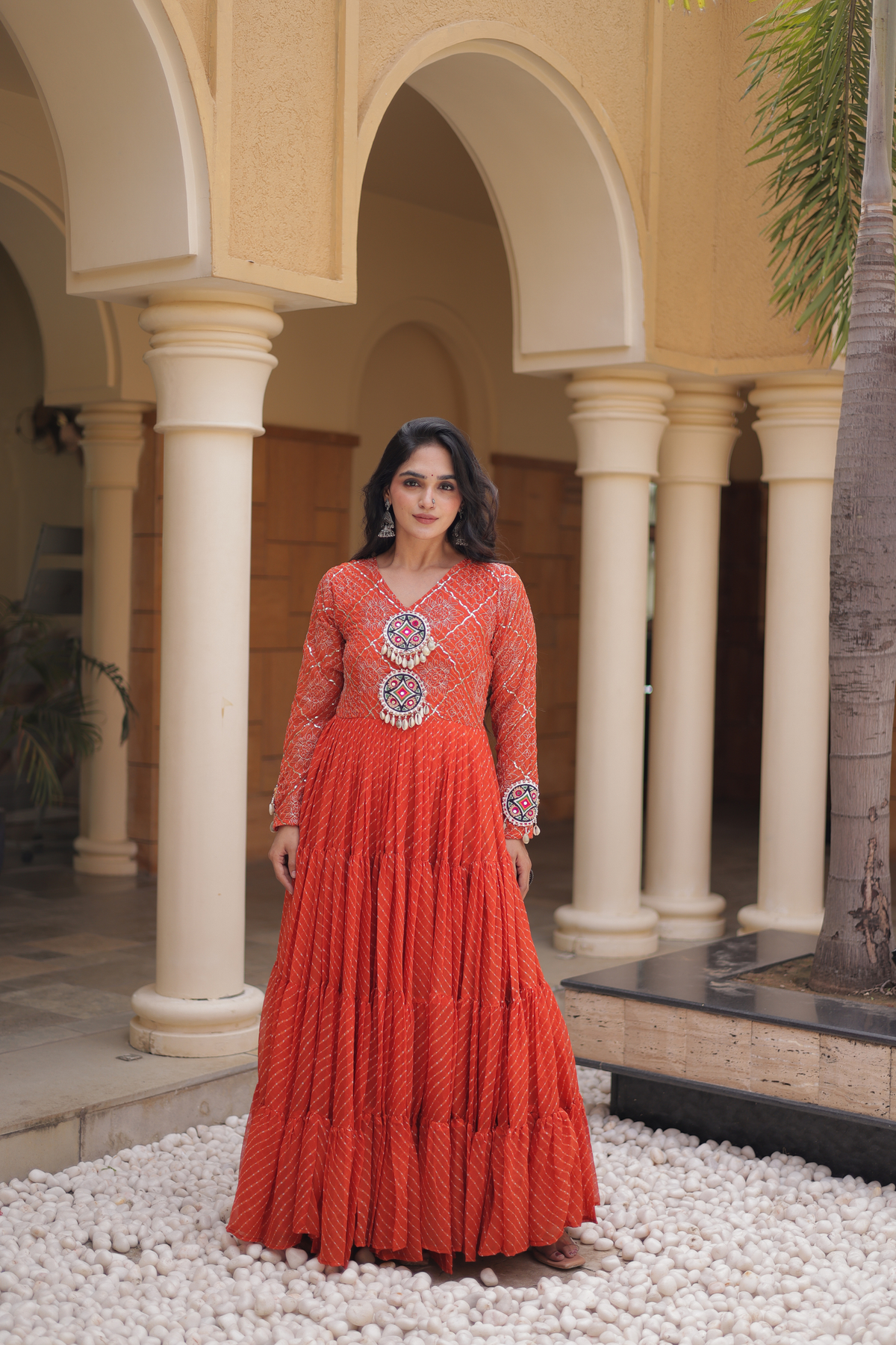 Navratri Special Bandhani Anarkali Gown with Mirror Work & Traditional Embroidered Yoke