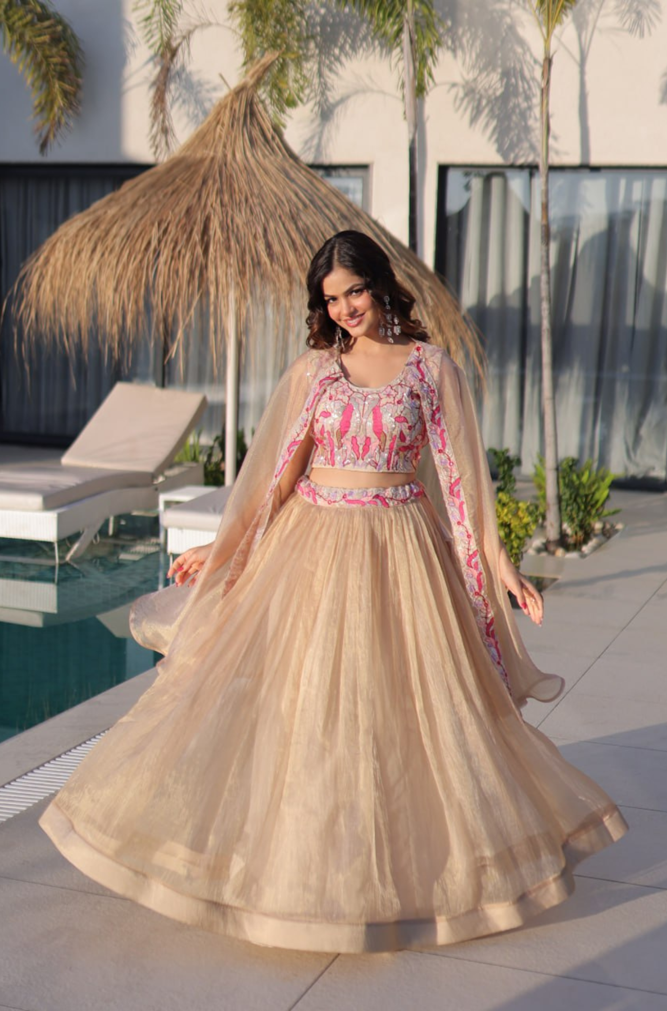 Women Beige Organza Lehenga Choli with Cape Dupatta & Pink Embroidery