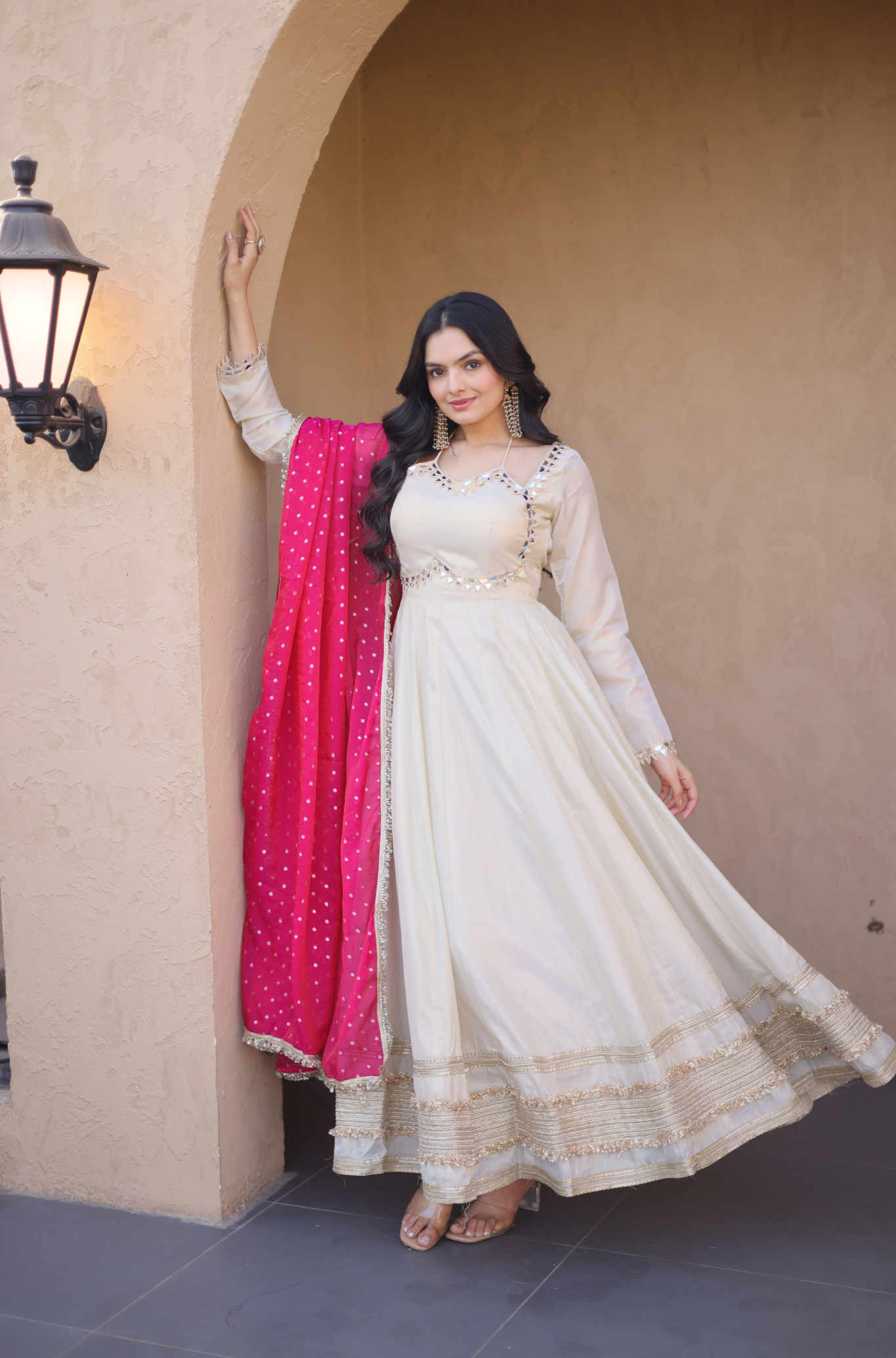 Women Mirror Work Anarkali Gown with Contrast Dupatta