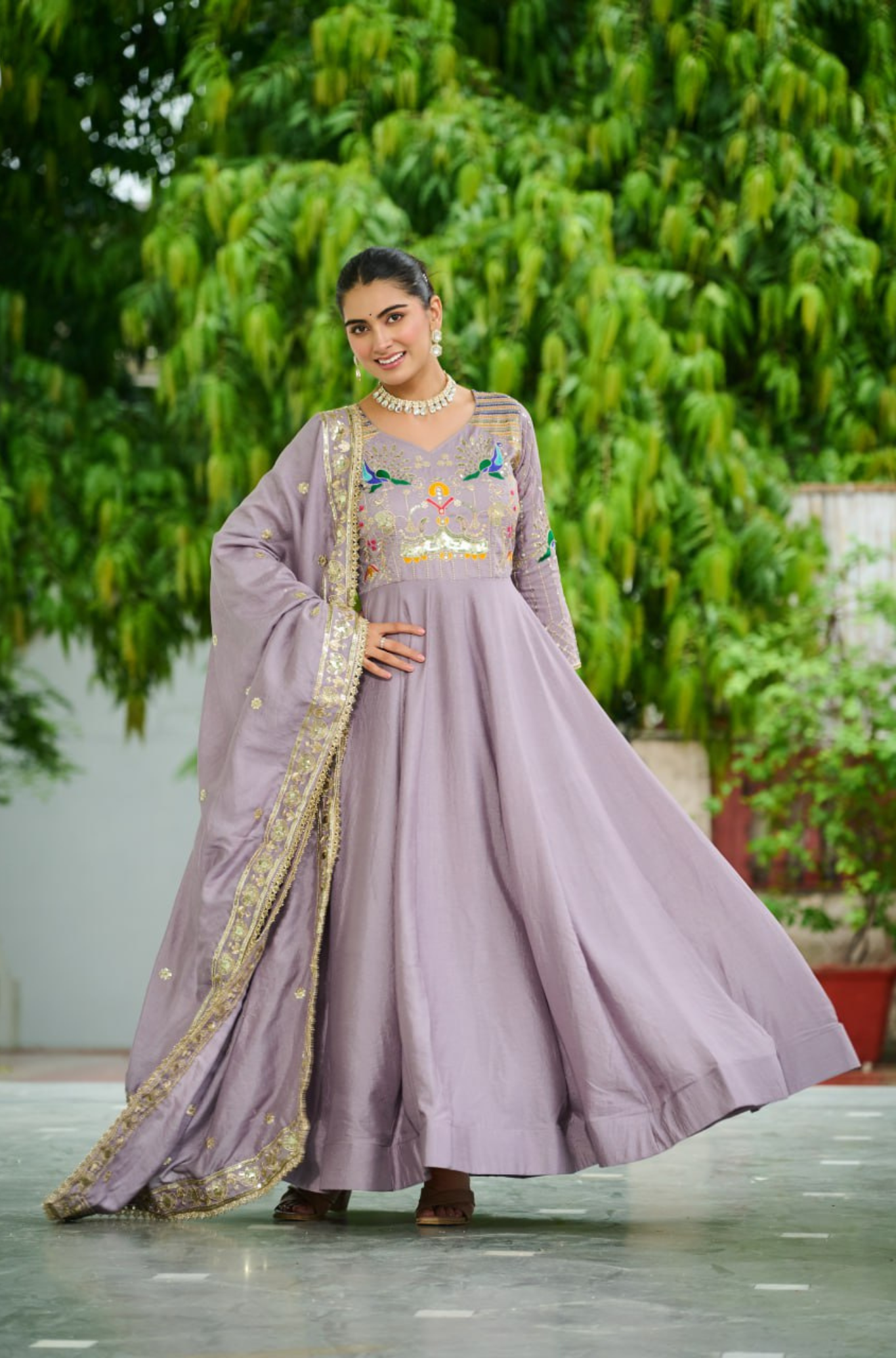 Women's Embroidered Anarkali Gown with Dupatta