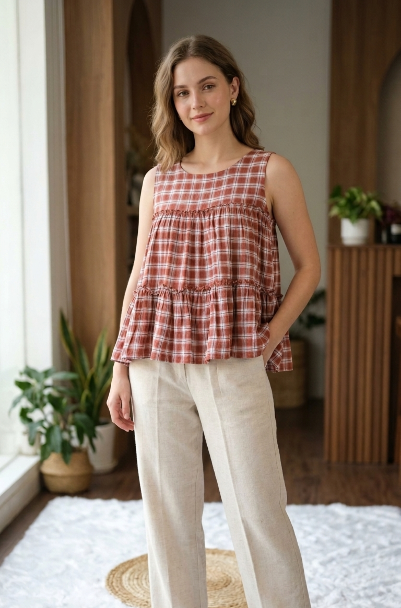 Women Sleeveless Checked Cotton Peplum Top with Straight Pant Co-Ord Set