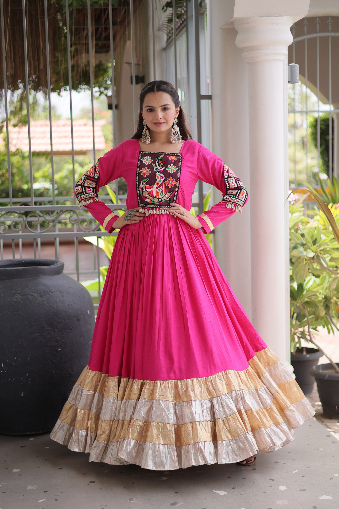Women's Handcrafted Mirror Work Tiered Anarkali Gown