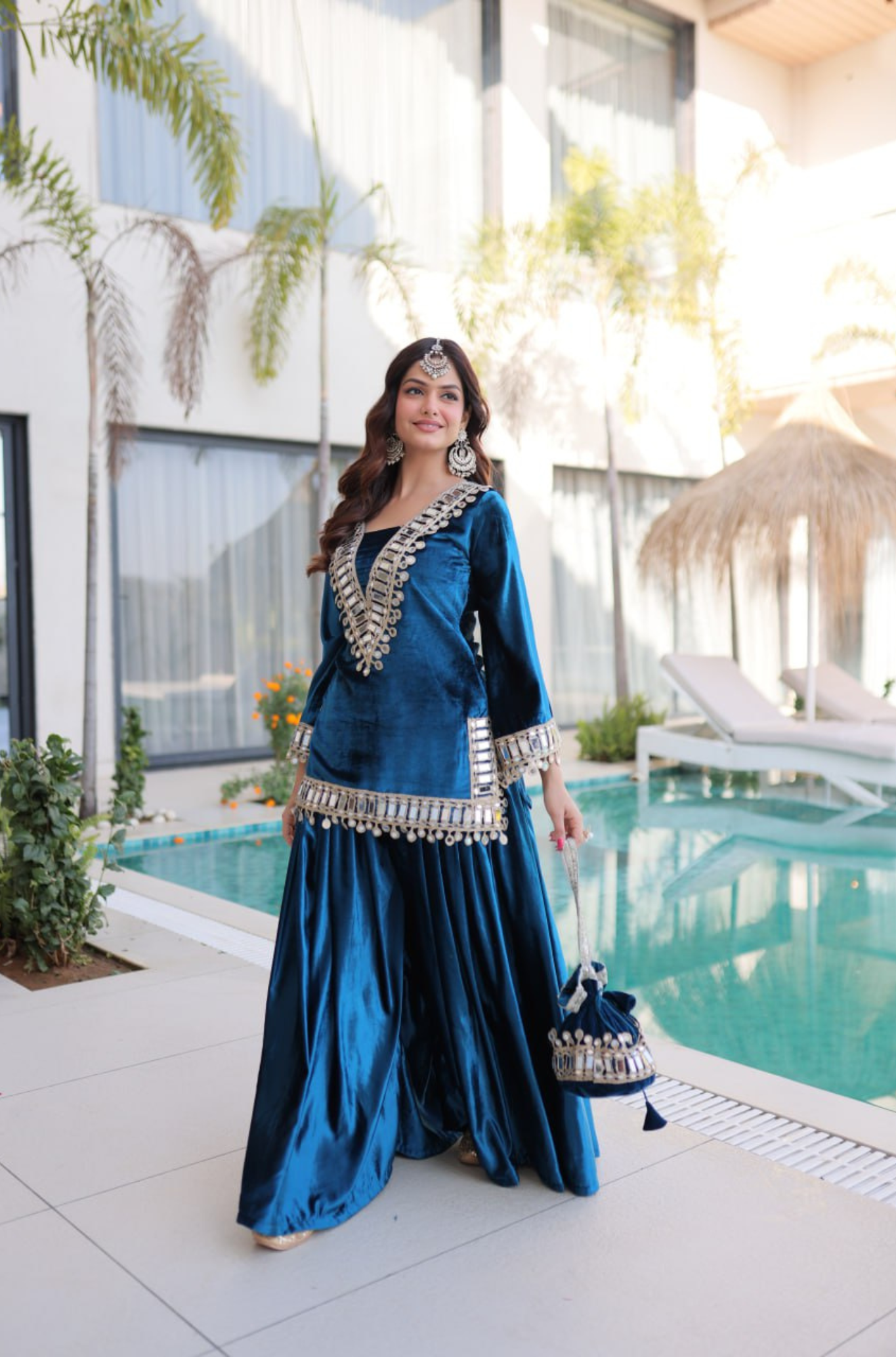 Velvet Mirror Work Kurti Palazzo Set with Batwa