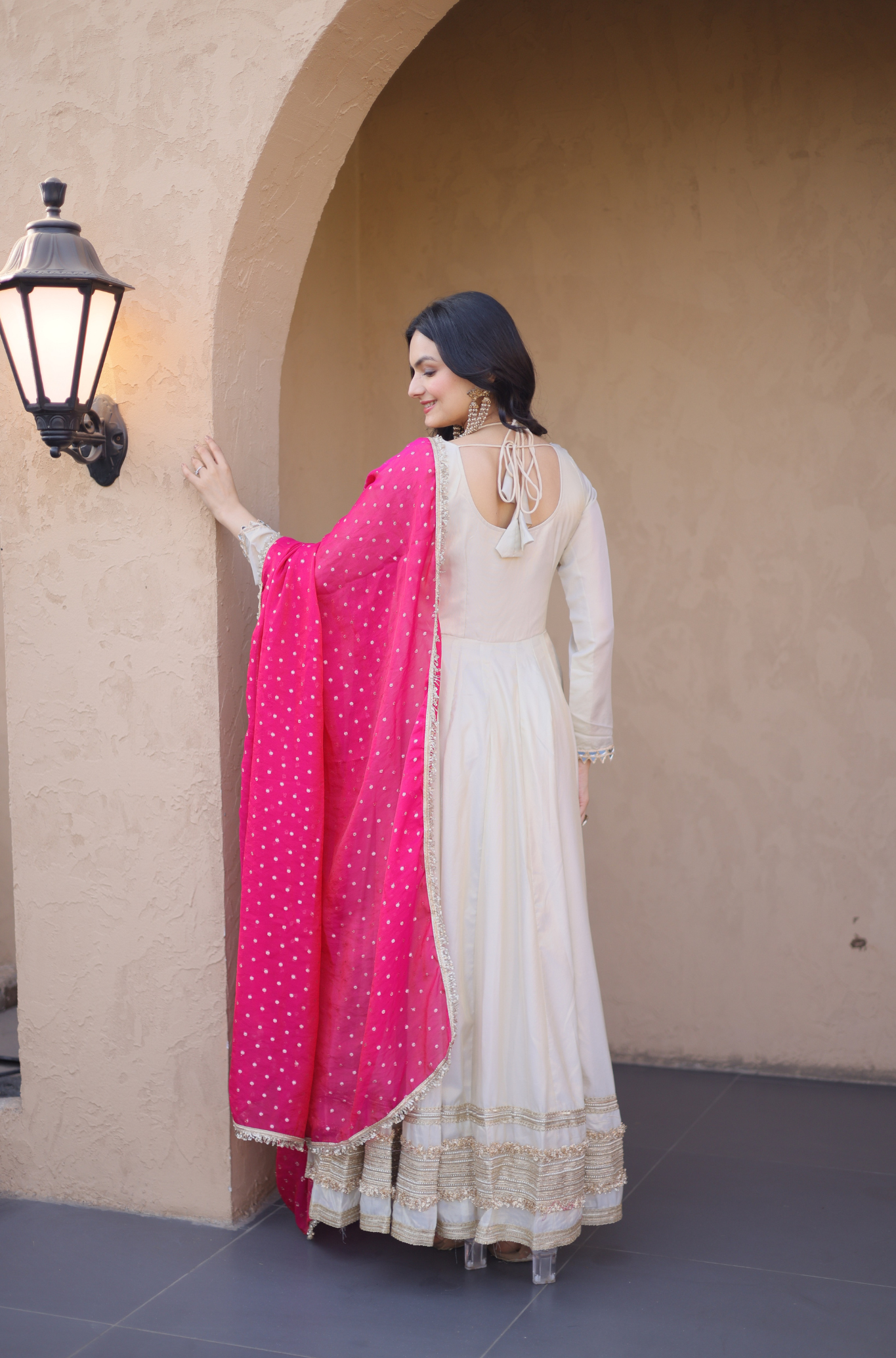 Women Mirror Work Anarkali Gown with Contrast Dupatta
