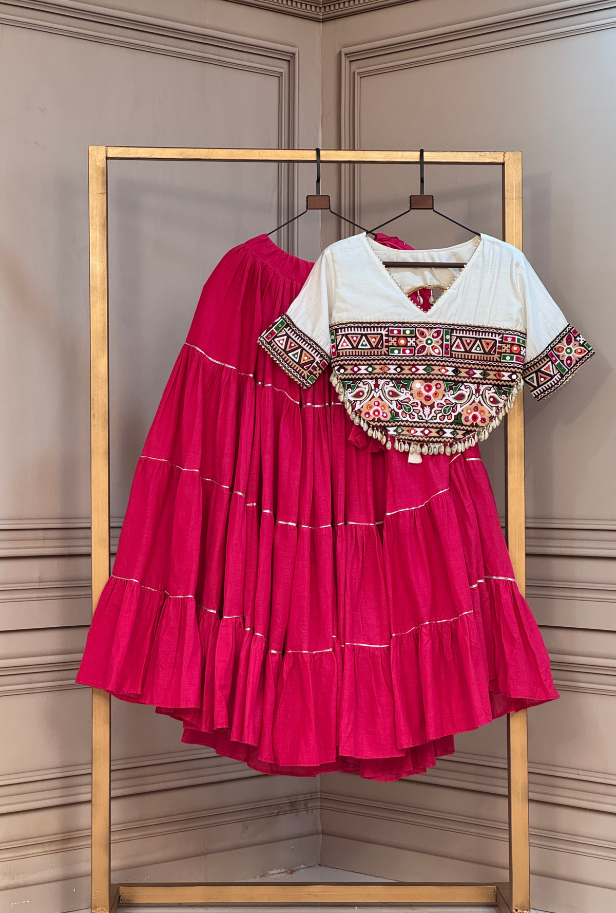 Premium Kutchi Embroidered Blouse with Gota Patti Lehenga Set