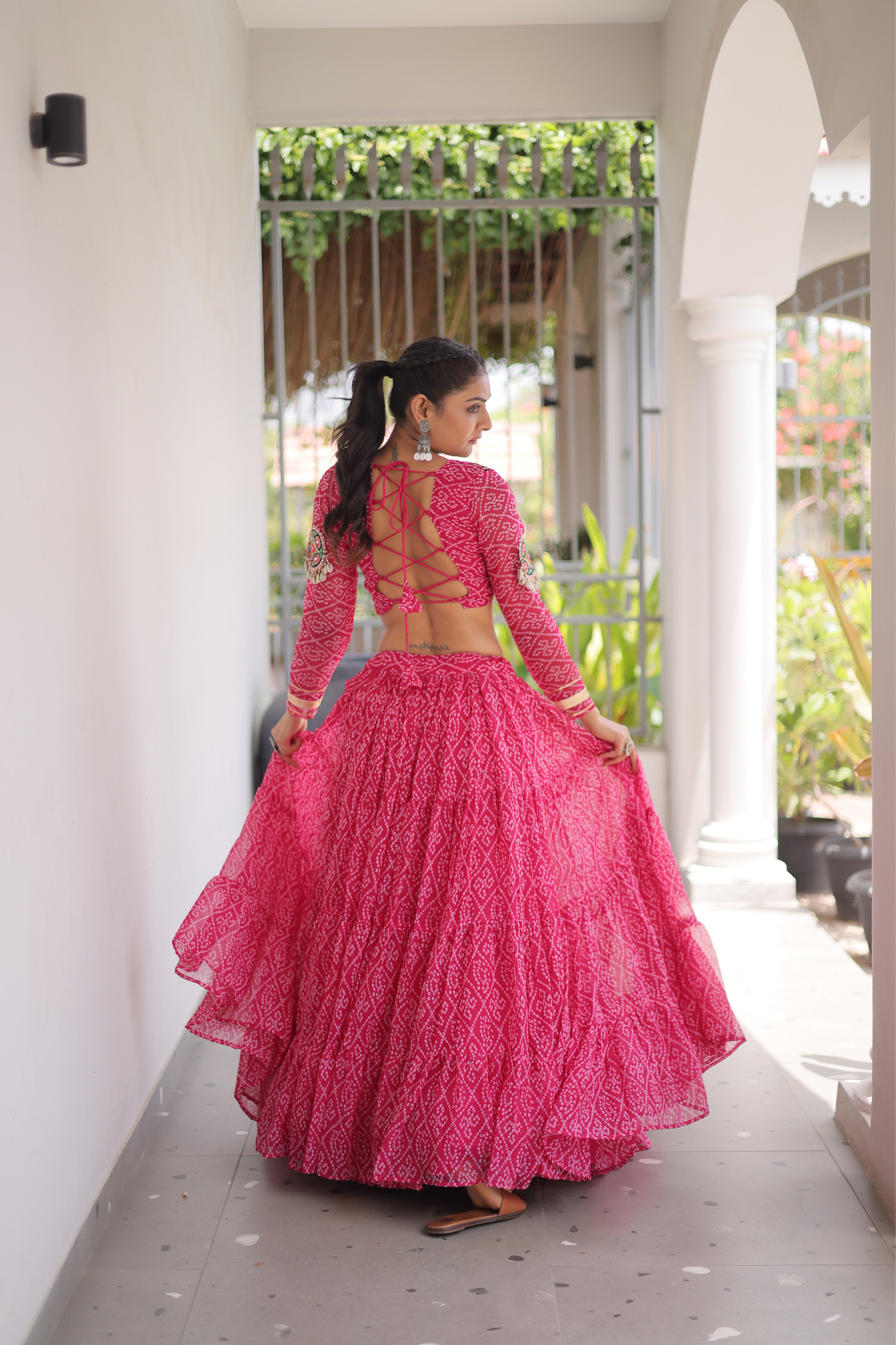 Women's Bandhani Printed Navratri Lehenga Choli Set with Kutchi Gamthi Embroidered Mirror Work Blouse