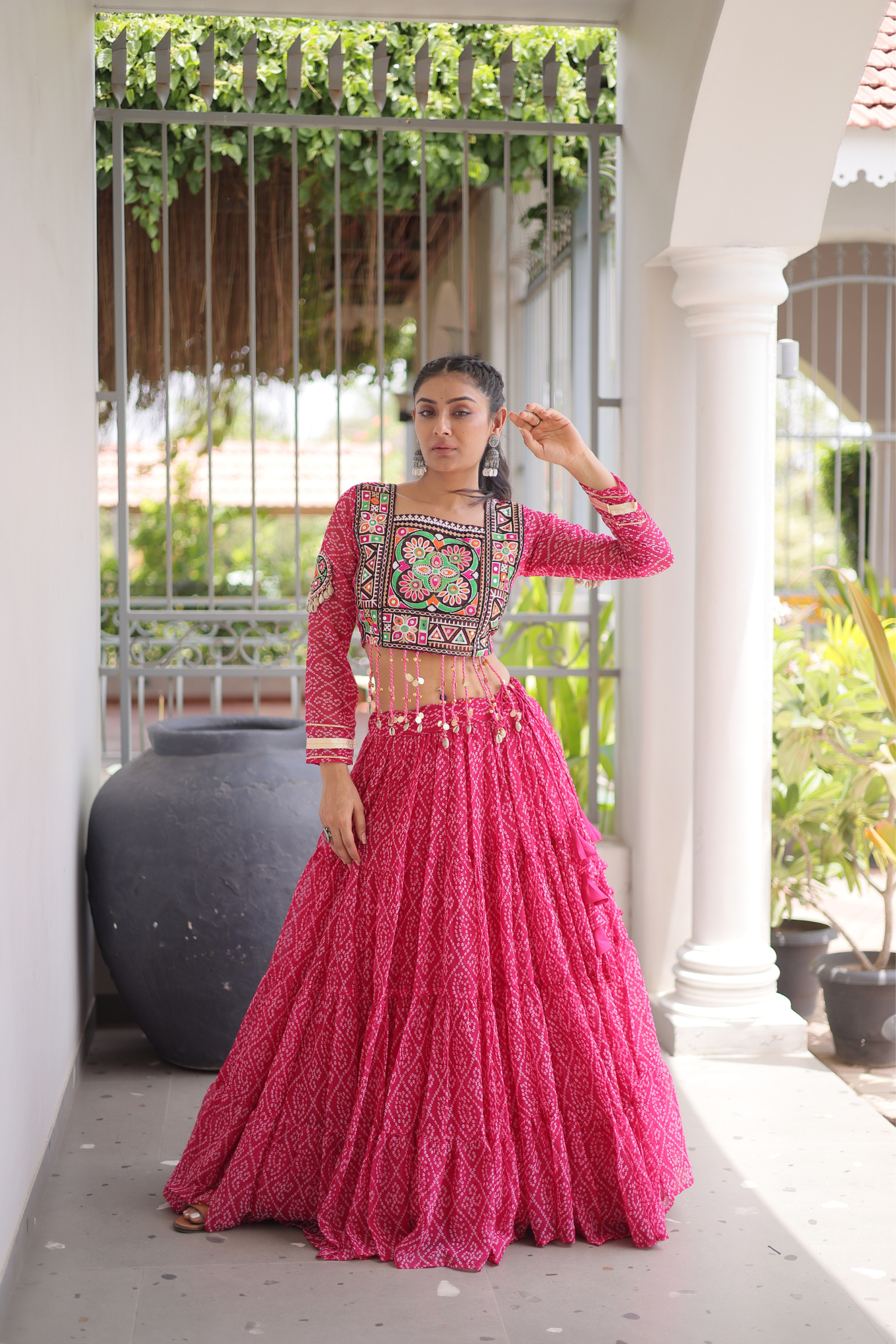 Women's Bandhani Printed Navratri Lehenga Choli Set with Kutchi Gamthi Embroidered Mirror Work Blouse