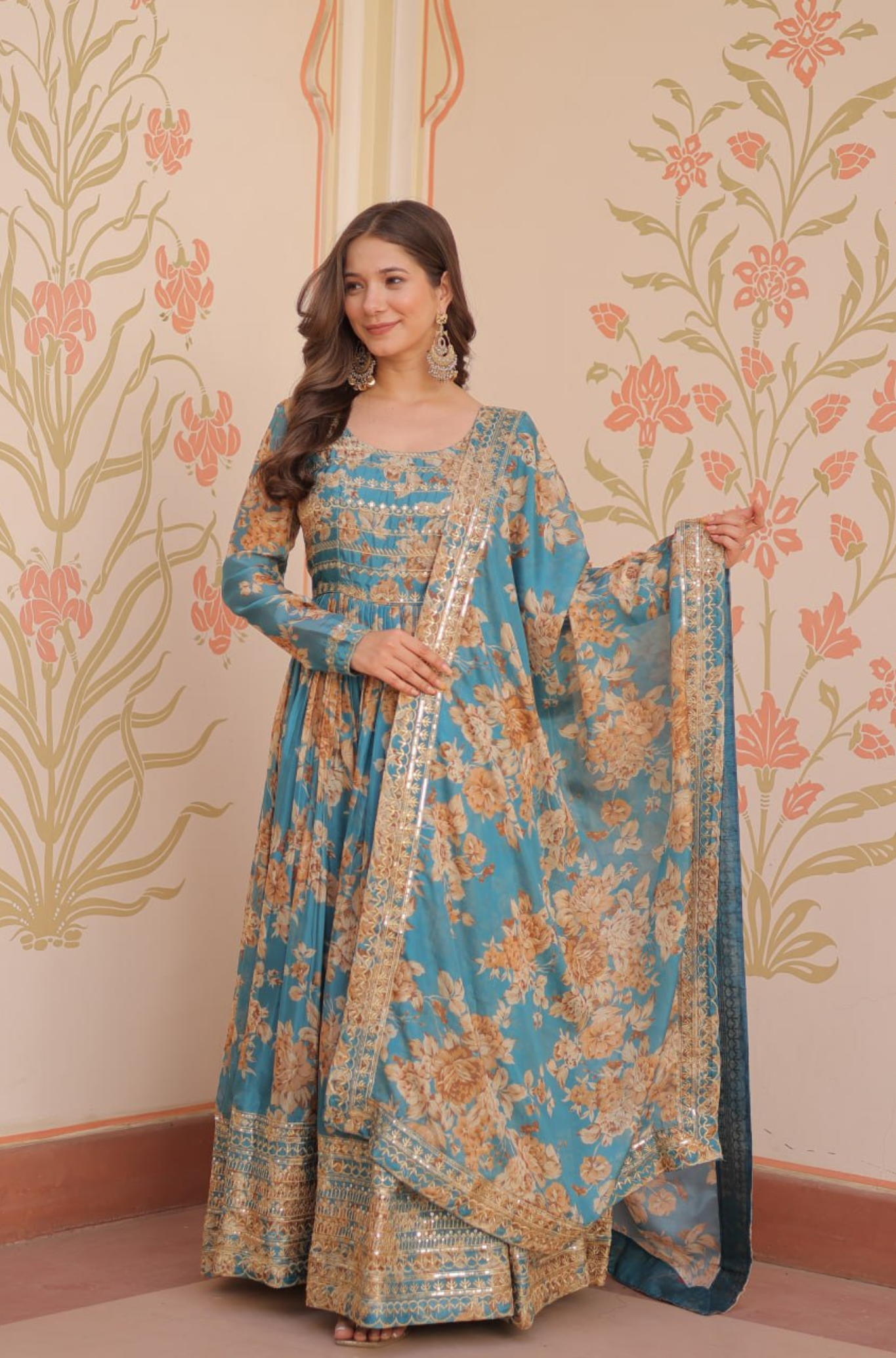 Women's Designer Floral Anarkali Gown Dupatta Set