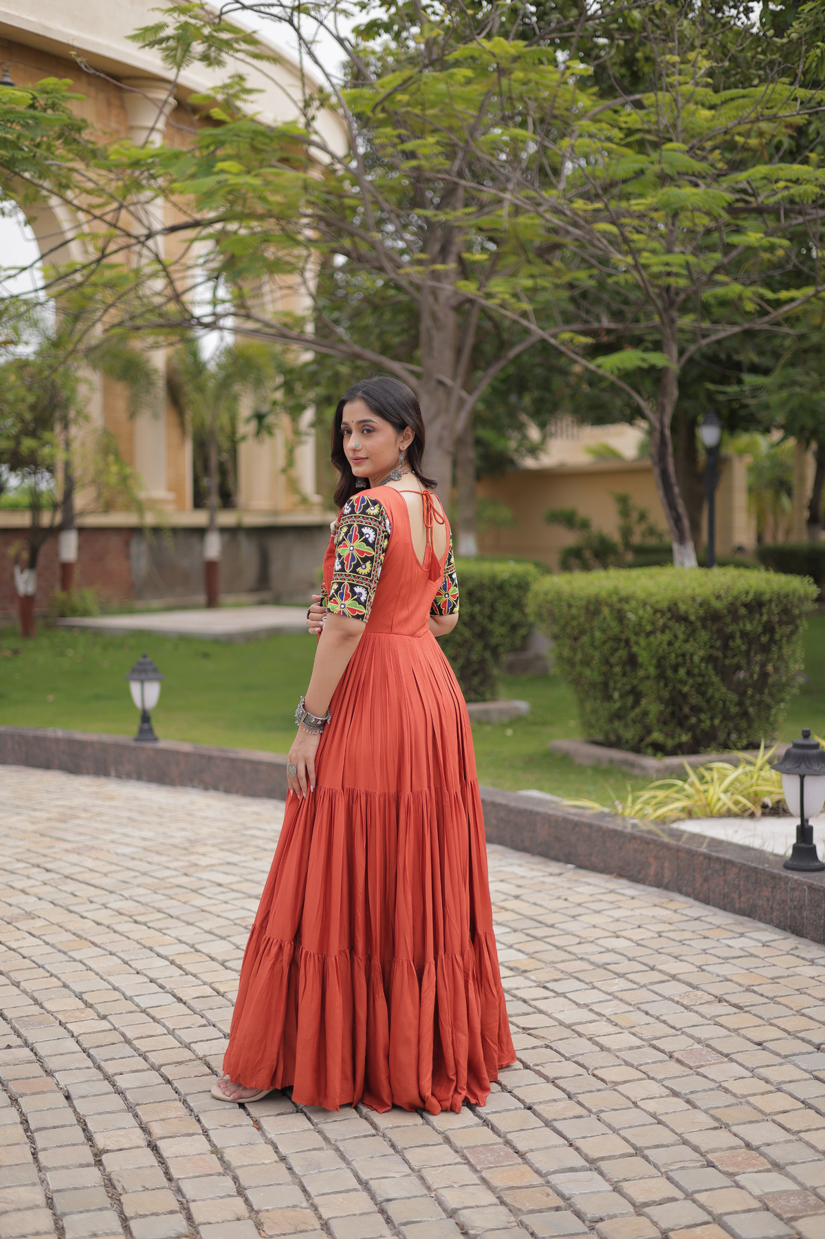 Designer Anarkali Gown with Kutchi Embroidered Yoke & Flared Skirt