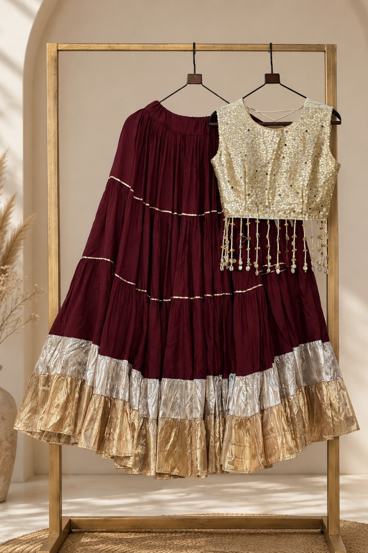 Women’s Burgundy Ethnic Lehenga Choli Set with Gold Sequin Blouse