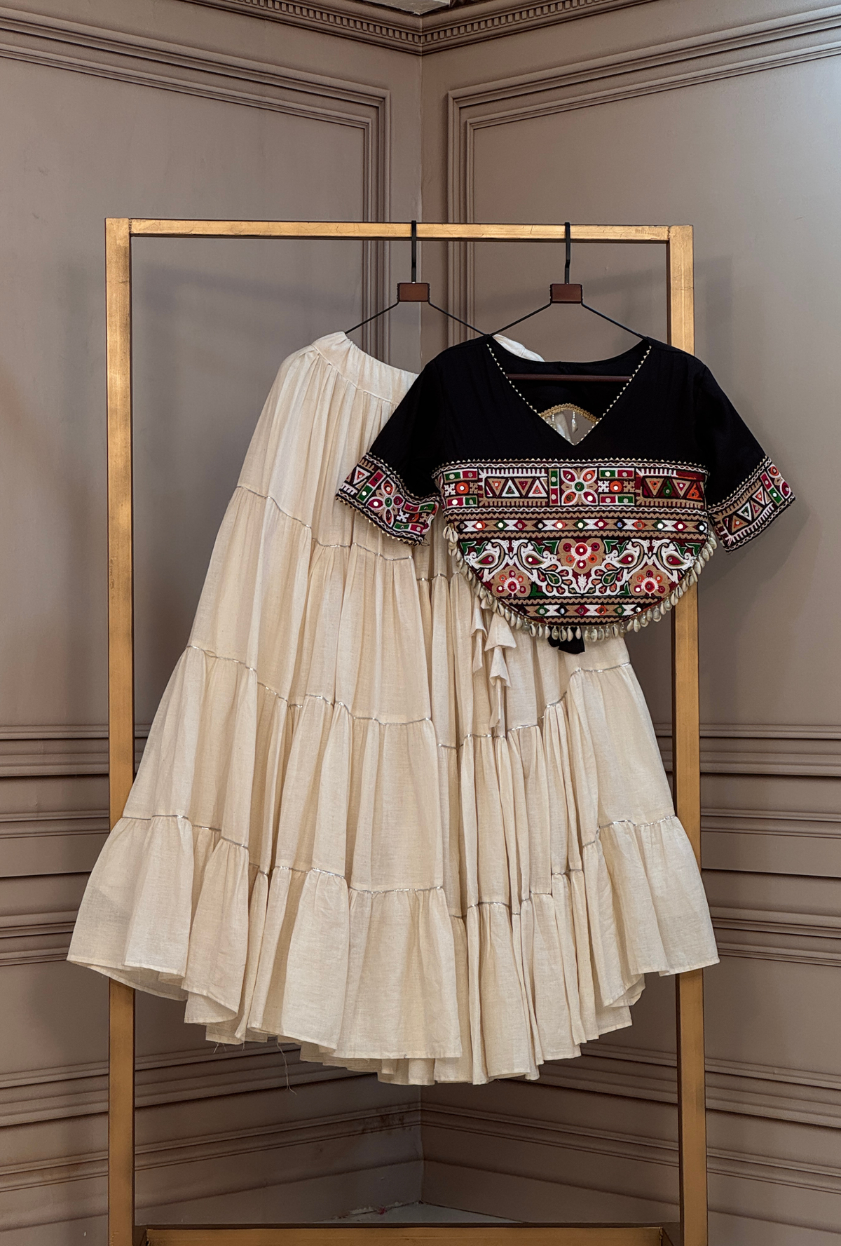 Premium Kutchi Embroidered Blouse with Gota Patti Lehenga Set