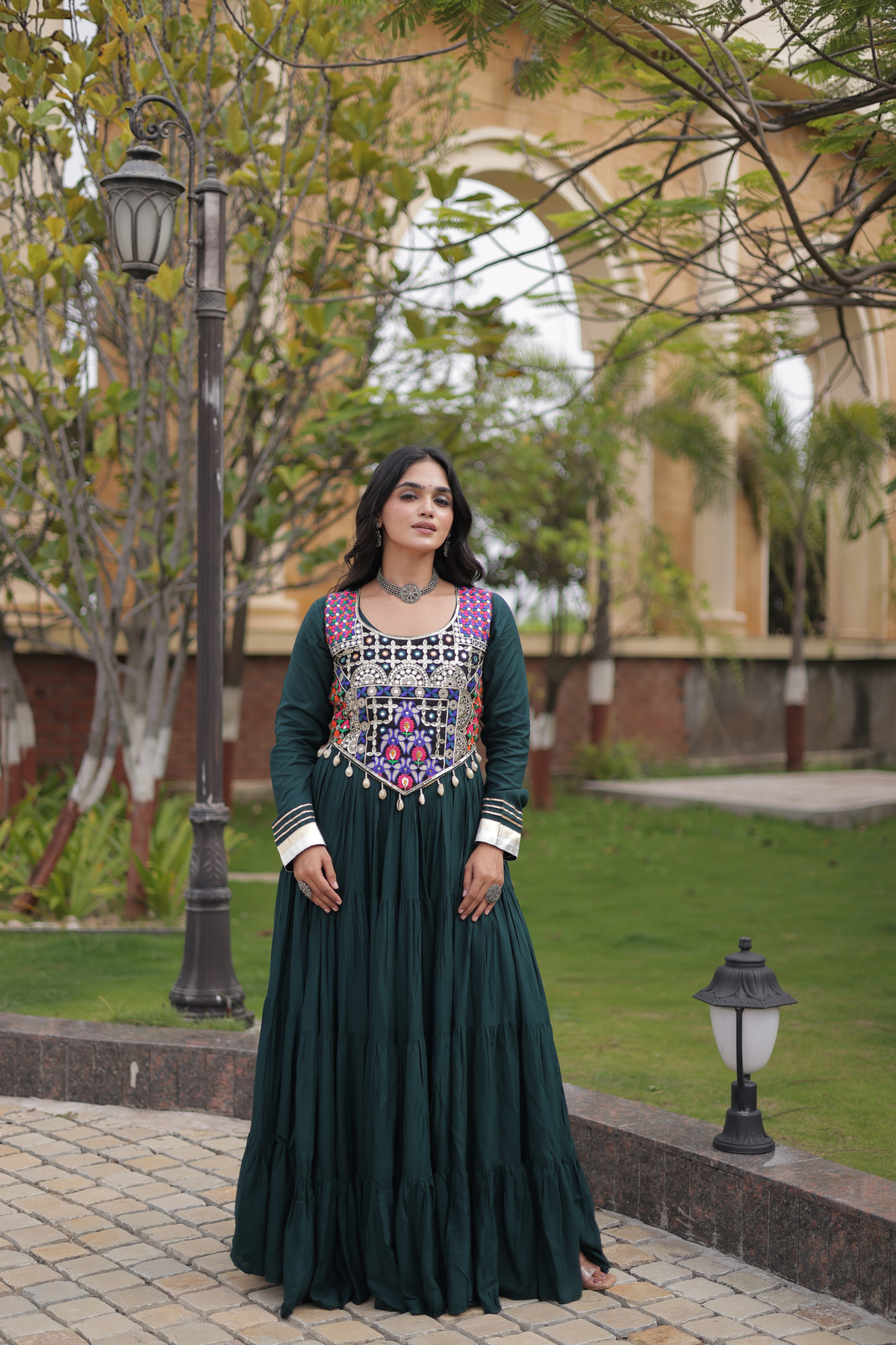 Designer Embroidered Koti Gown with Mirror Work & Flared Skirt
