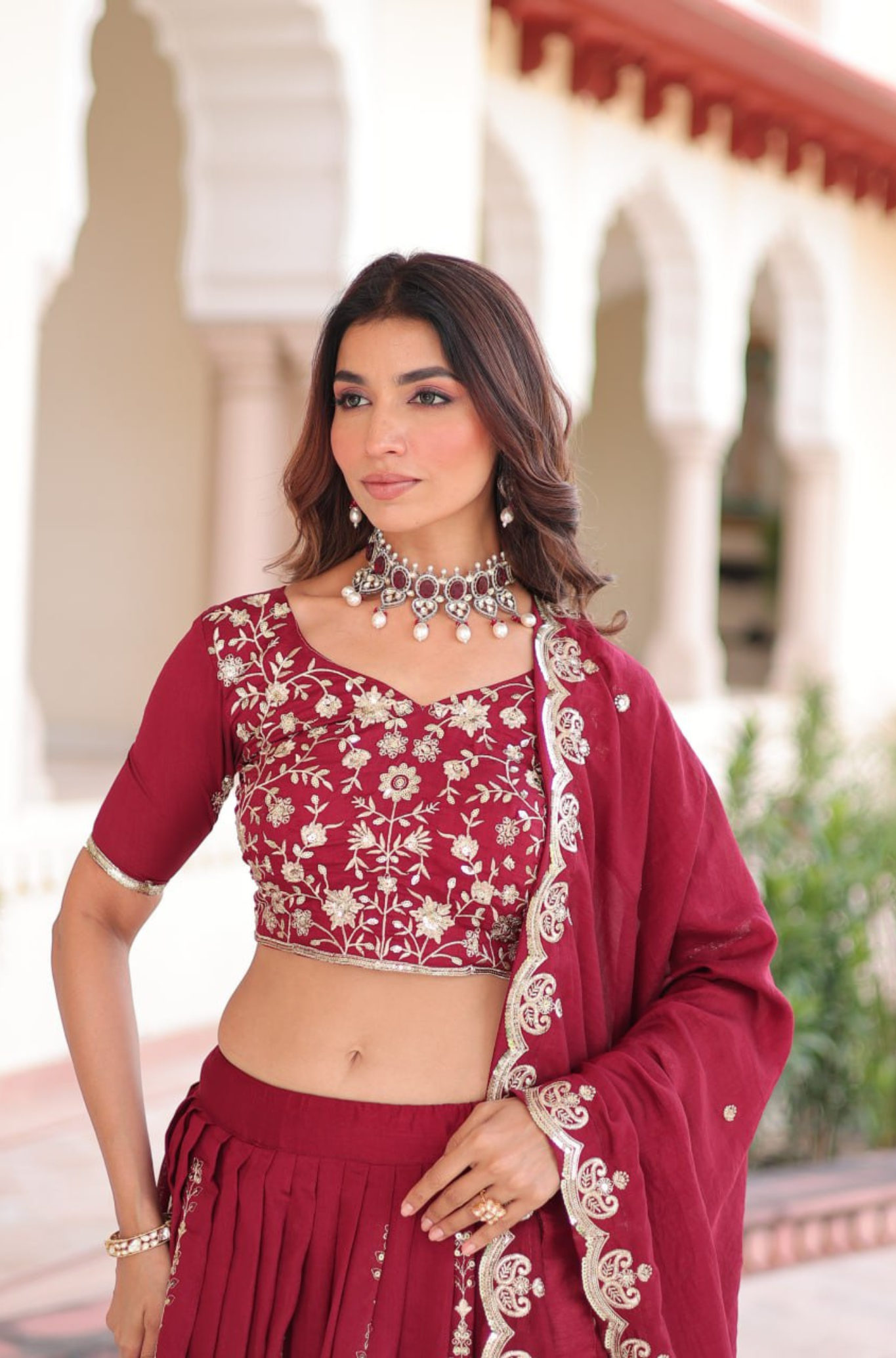 Traditional Maroon Bridal Embroidered Lehenga Choli Set for Women