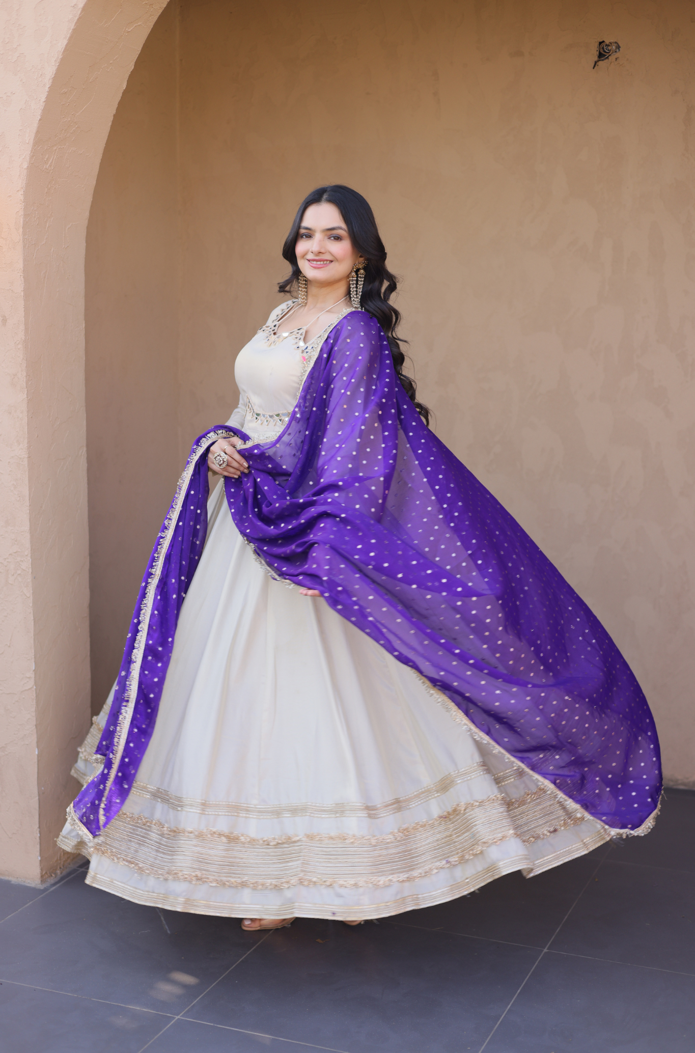 Women Mirror Work Anarkali Gown with Contrast Dupatta