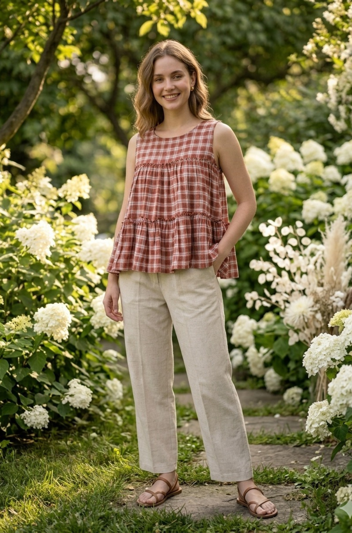 Women Sleeveless Checked Cotton Peplum Top with Straight Pant Co-Ord Set