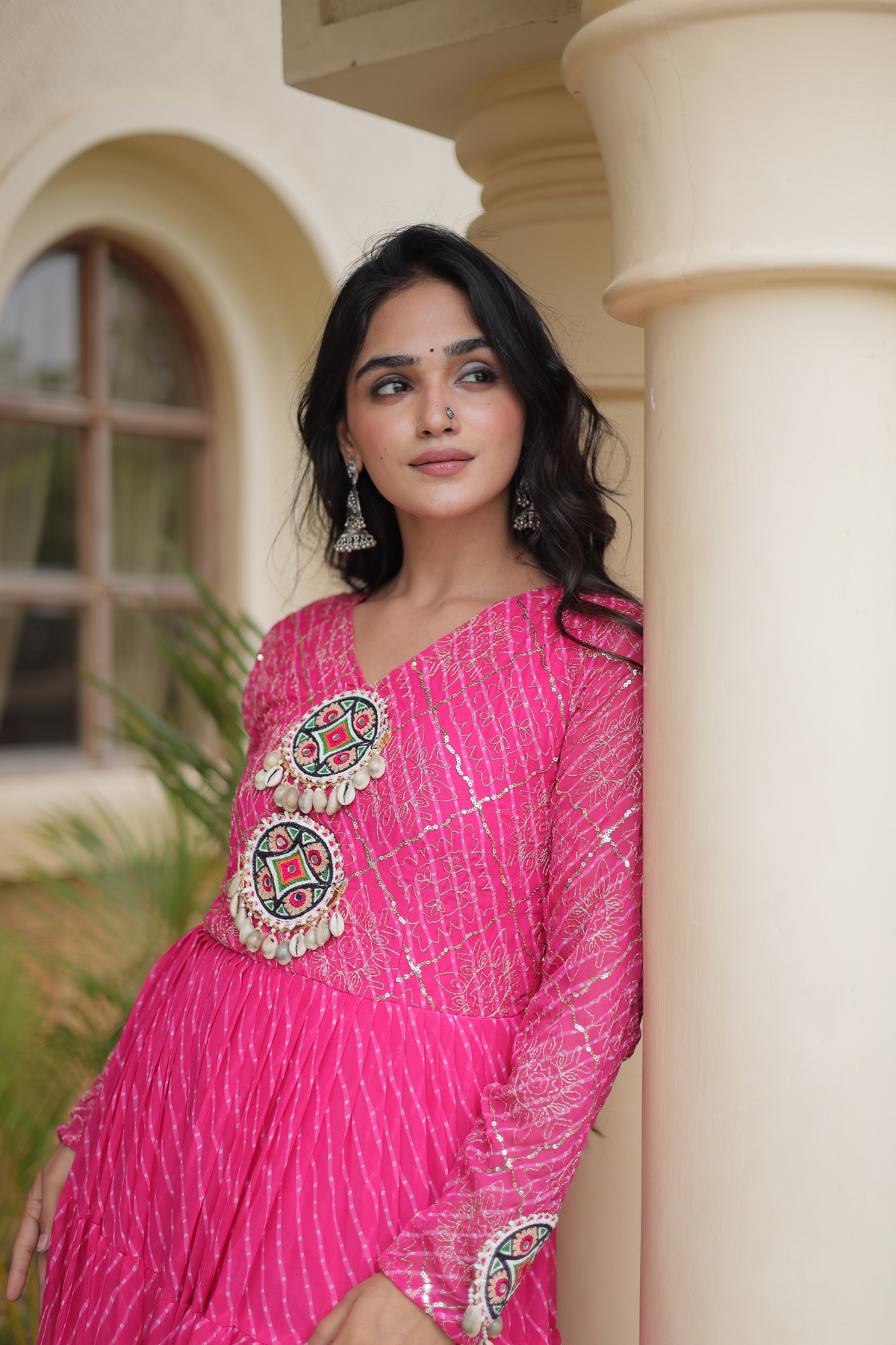Navratri Special Bandhani Anarkali Gown with Mirror Work & Traditional Embroidered Yoke