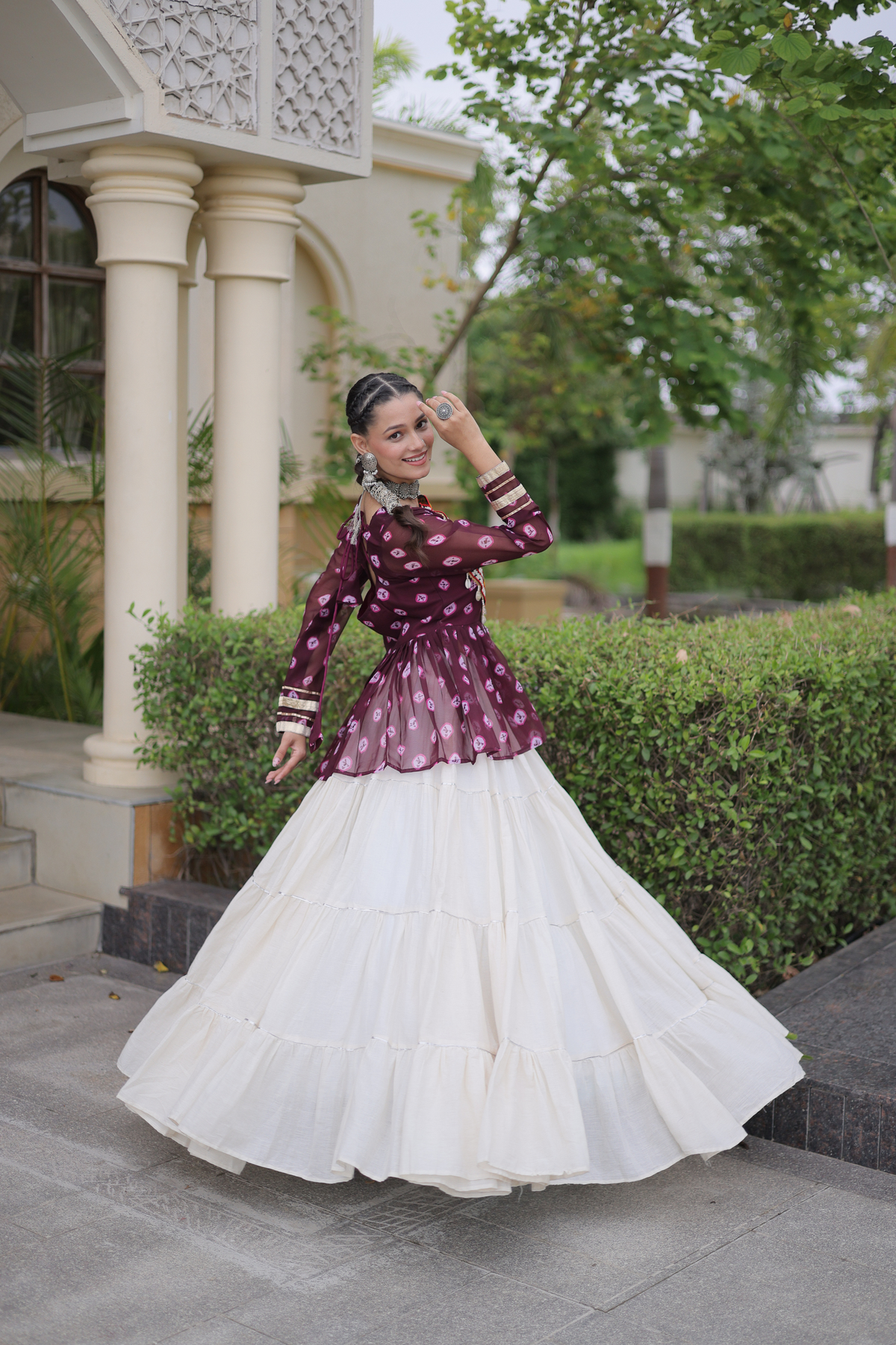 Women’s Designer Black Embroidered Peplum Top with White Flared Lehenga Skirt